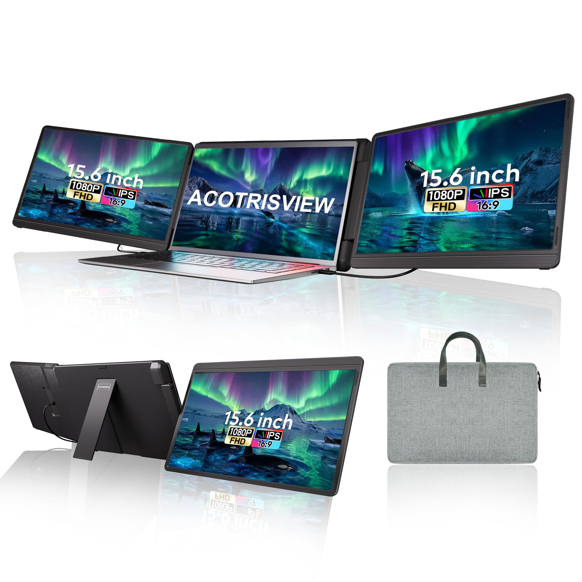 ACOTRISVIEW Double Écran PC Portable 15,6 Pouces, Triple Écran 1080P 16:9