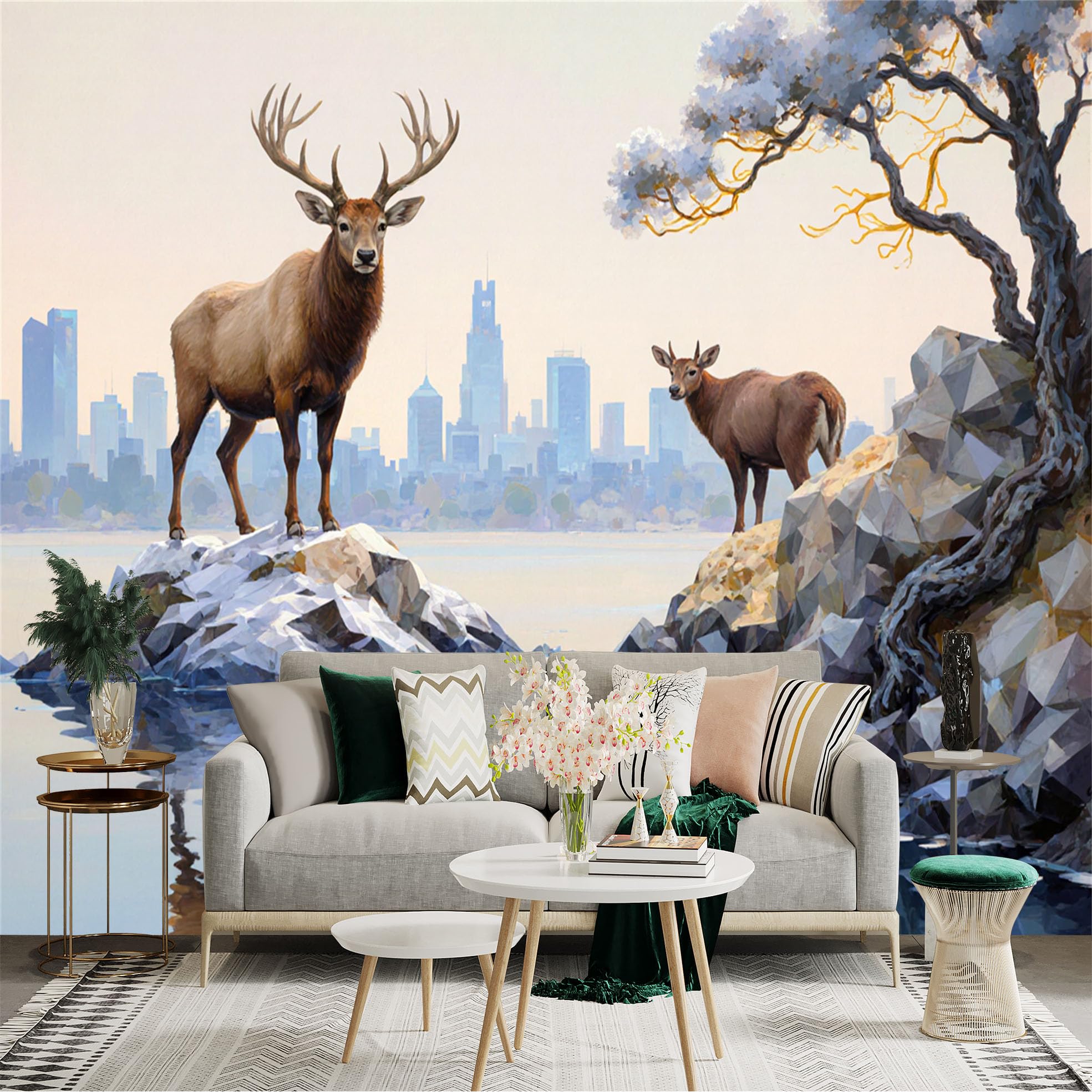 Custom Size Wall Sticker Mural， Deer on Rocky Lake Shore with City Skyline and Tree Reflection， for wall Decoration， peelandstick wall Decals.