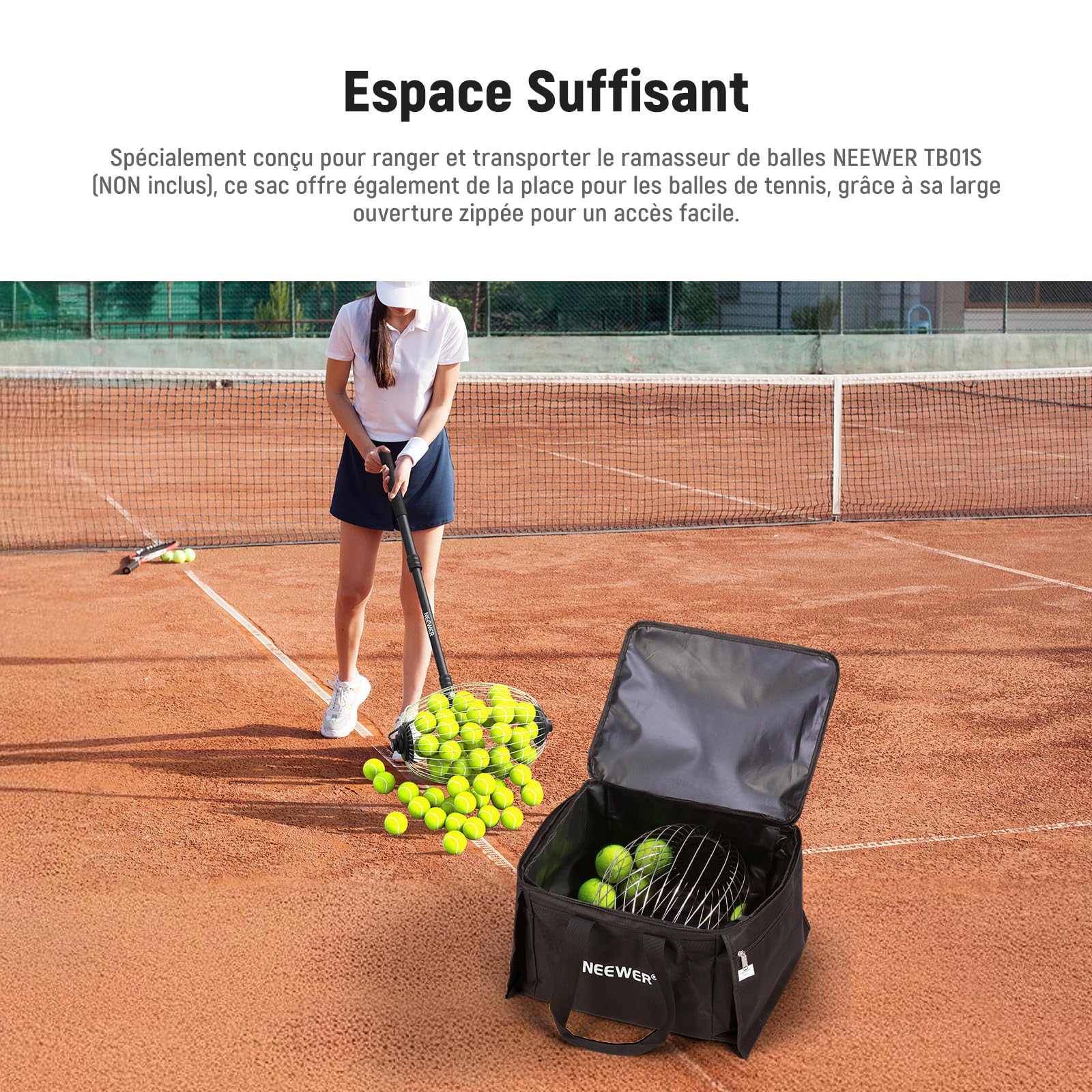NEEWER Sac de Transport pour 110 Balles de Tennis & Pickleball Polyester Robuste pour Chariot ramasseur TB01S, Panier Caddy Léger & Portable pour Baseball & Golf avec Poches Latérales, TB01B