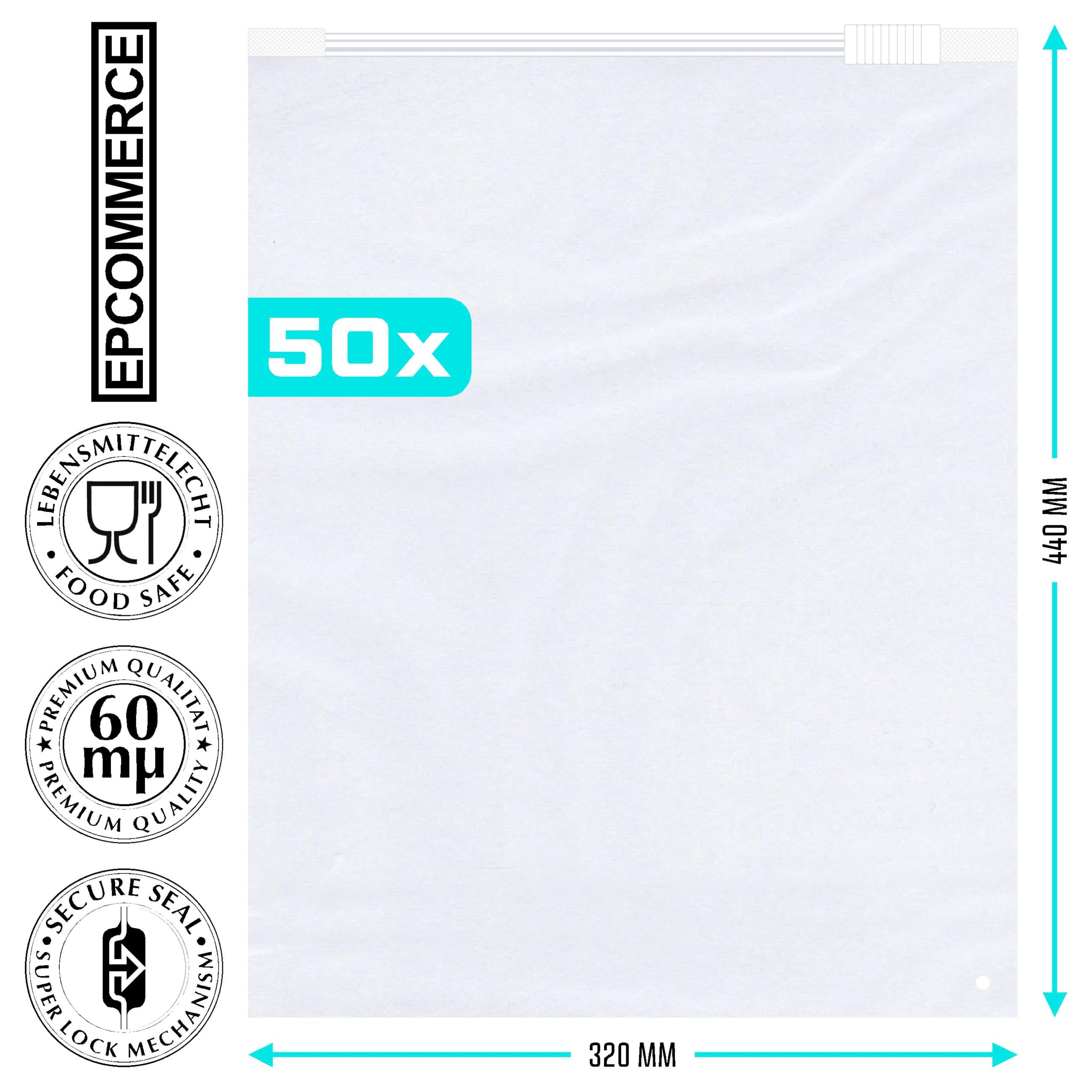 Lot de 50 grands sacs à fermeture coulissante au format DIN A3 - 320 x 440 mm - 60 µm d'épaisseur - Qualité supérieure - Refermables - Convient à un usage alimentaire (50)