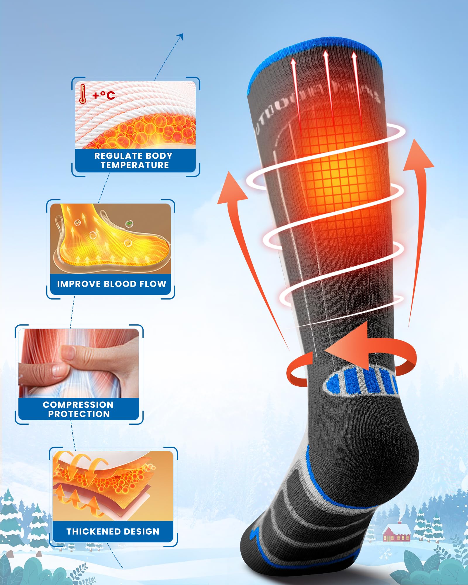 OutdoorMaster Calcetines de esquí para niños, paquete de 2 calcetines térmicos de compresión de invierno de lana merino, puños antideslizantes sobre la pantorrilla