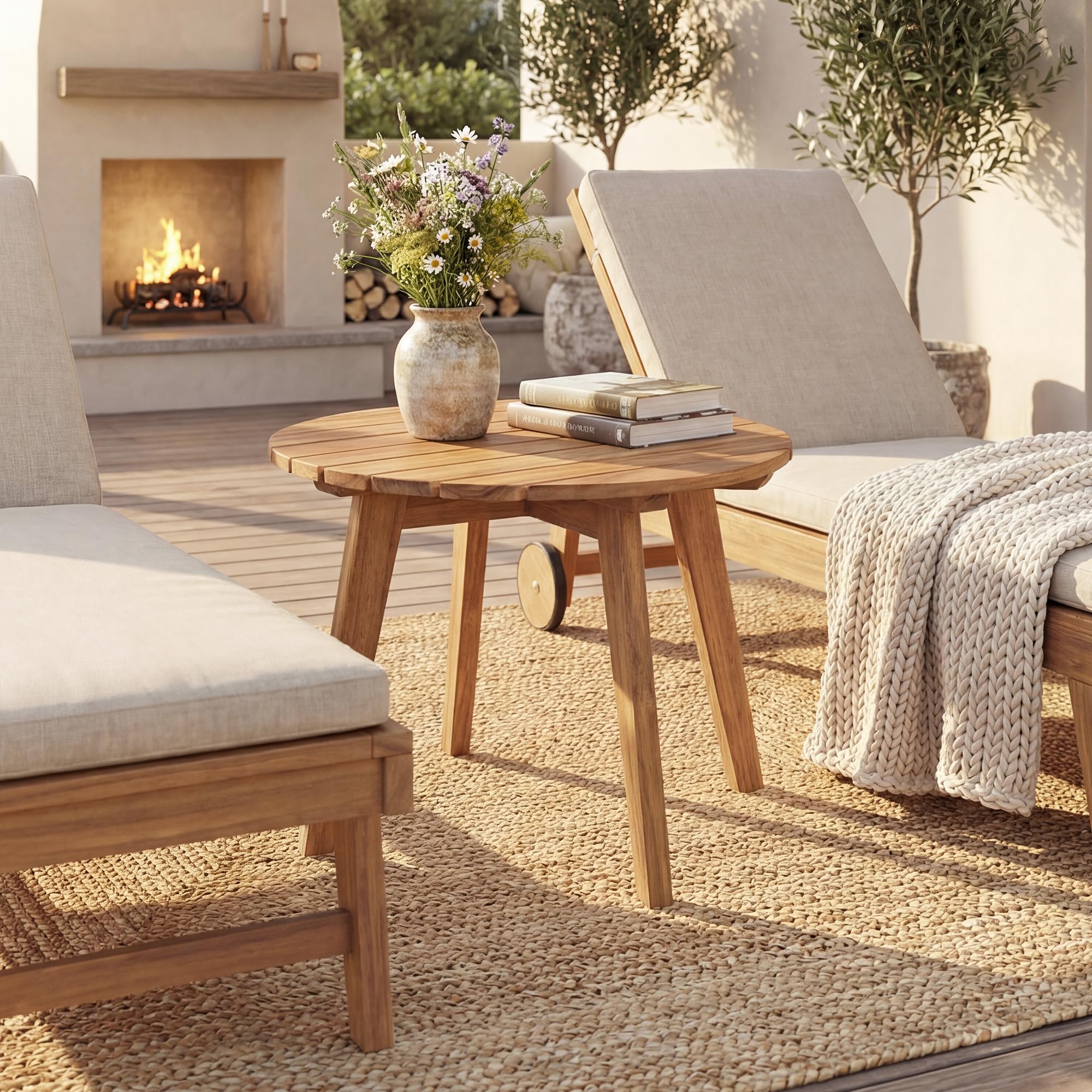 GIANTEX Table Ronde Exterieur Bois Acacia Massif Bout de Canapé Plateau à Lattes Petite Table Basse d'Appoint Jardin Ø 43 x 35 cm Charge 75 kg
