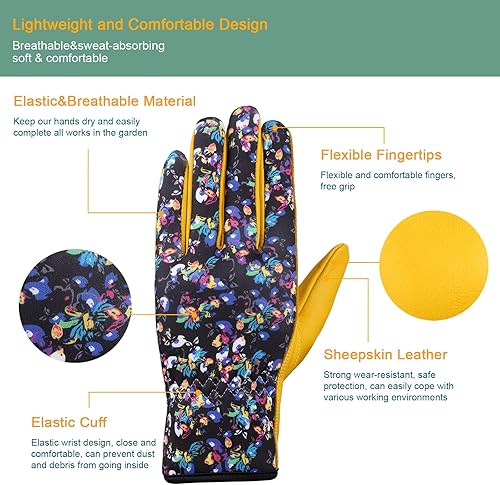 Miniatura 9 de Bamllum Guantes de cuero para jardinería para mujer, guantes de trabajo para deshierbe, excavación, plantación, rastrillo y poda