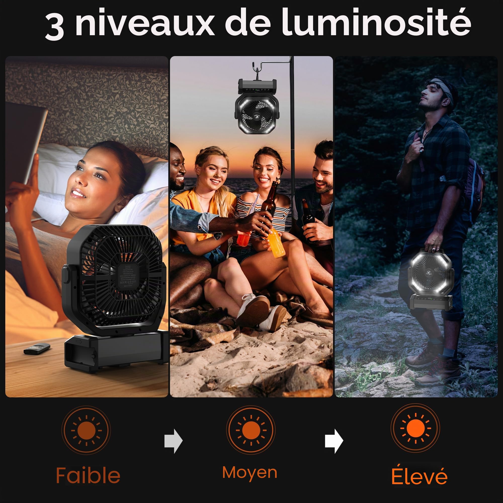 Ventilateur de camping avec lumière, 20 000 mAh, 112 heures d'autonomie maximale, 9 vitesses, minuterie, oscillation automatique -D22