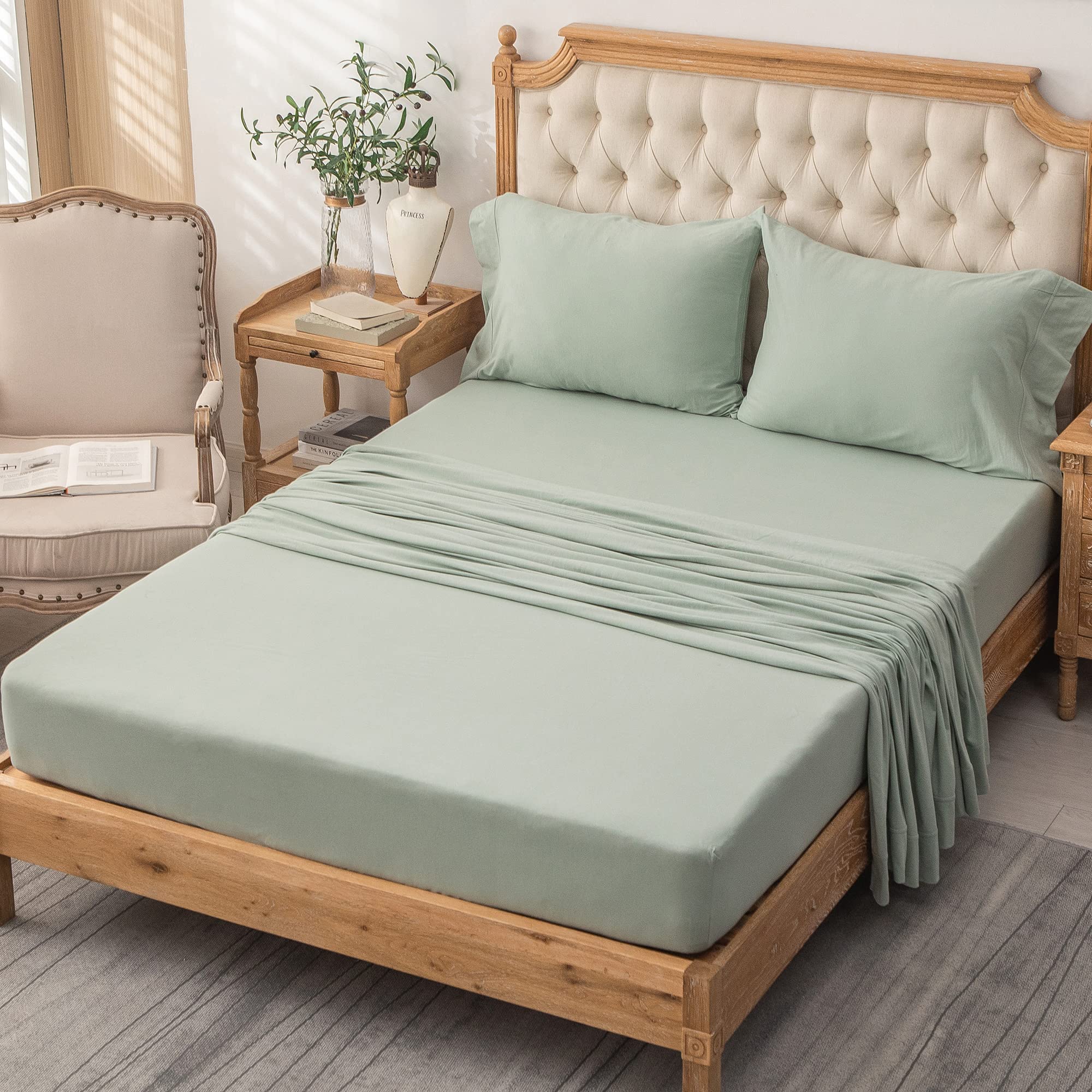 PURE ERA Jersey Knit Bed Sheet Set 4 Piece 100% T Shirt Heather Cotton Super Soft Comfortable Breathable Fits Mattresses Up To 20" Extra Deep Pocket - View #7