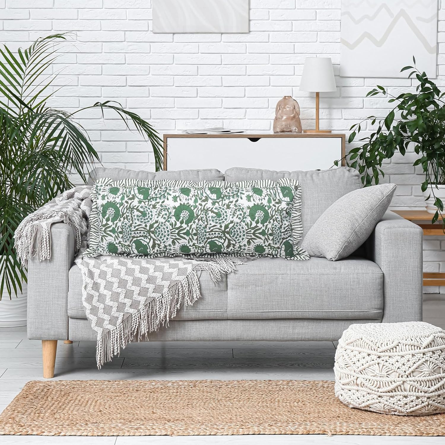 Green Cotton Print Ruffle Pillow Case 14 x 36 Inches Floral Pillow Cover for Bedroom Decoration Couch Sofa - Image 7