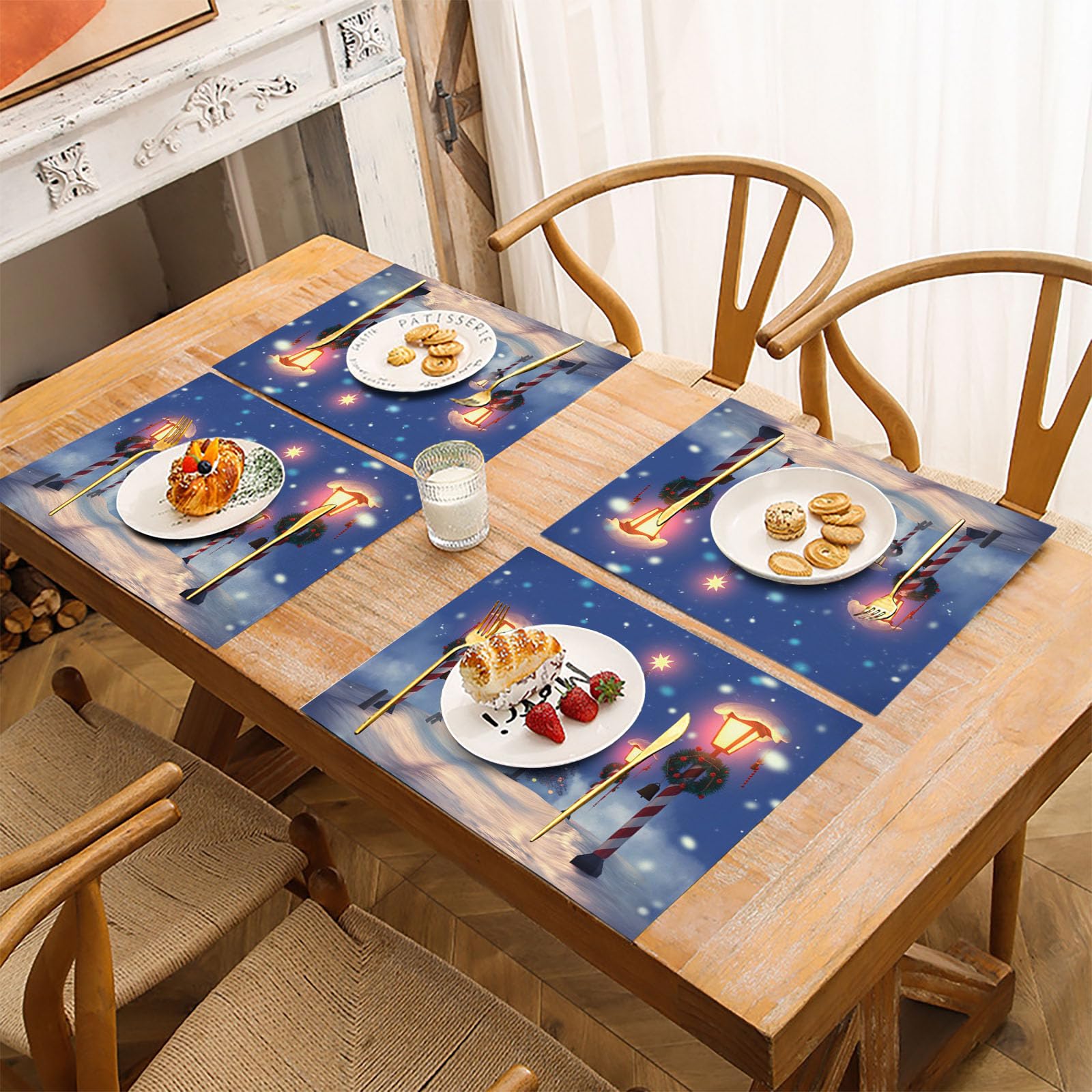 8 Tovagliette Colazione Stoffa 45 x 30 cm,Vista Notturna Albero Di Natale Tovagliette Americane Lavabili, Placemats Fumetto Strada per Primavera Vacanze Cucina Feste, Pasqua