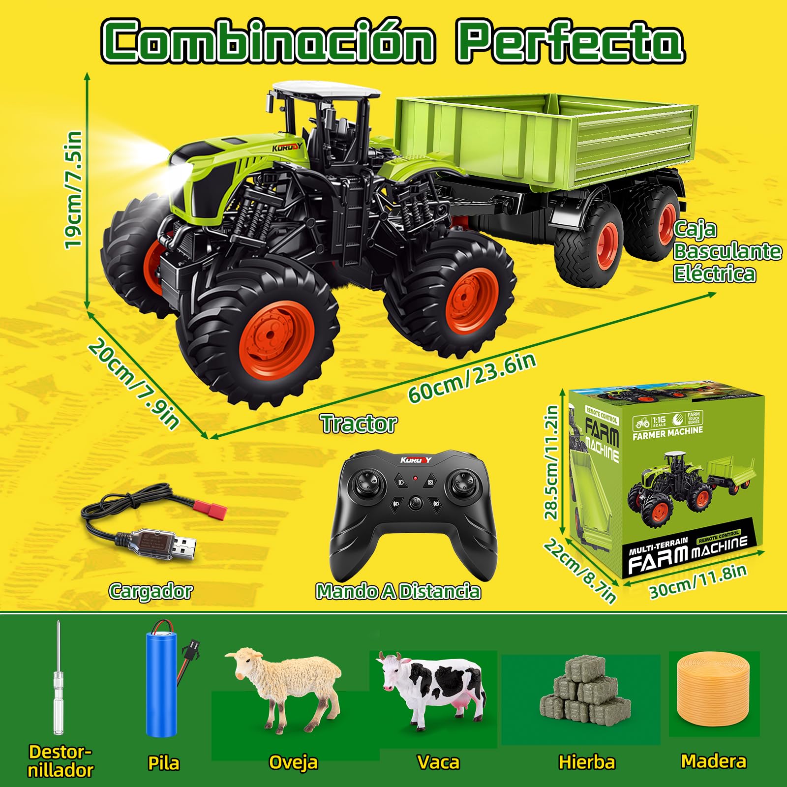 Ulikey Tractor Teledirigido para Niños, 1:16 2,4 GHz Tractor RC Juguete con Mando, Remolque, Vaca, Ovejas, Heno para Niños 4, 5, 6 Años