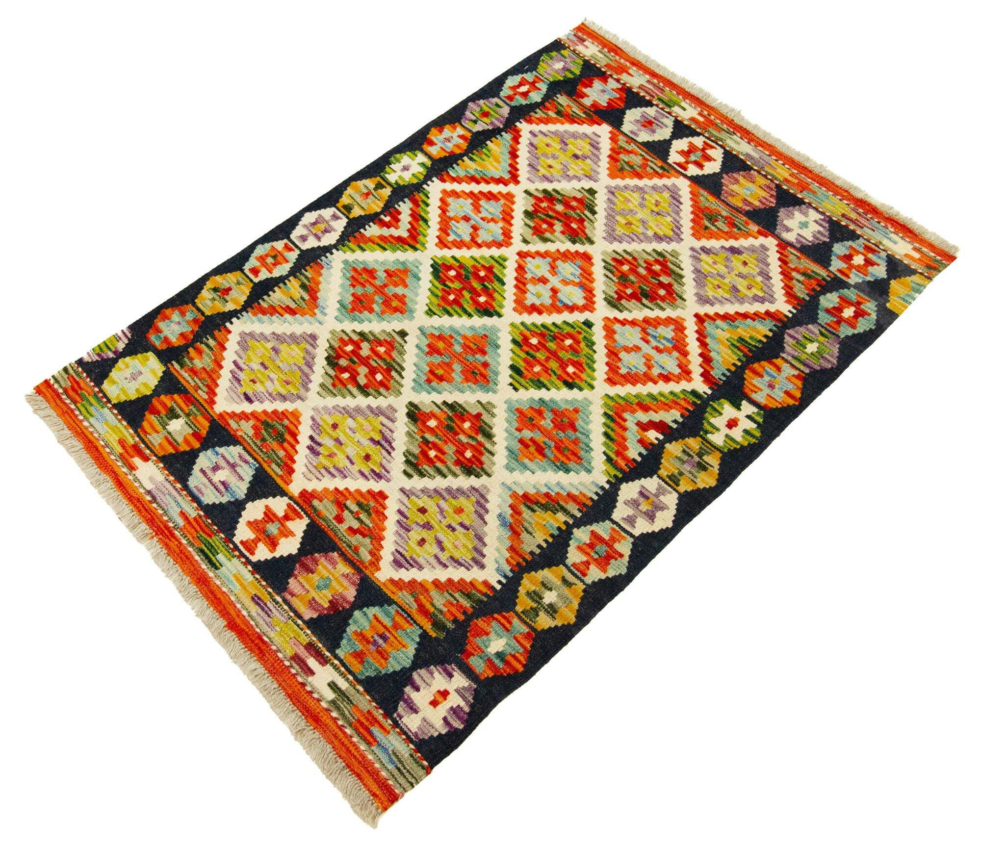 Kilim Tapis 100 % laine 122 x 84 cm, fait à la main, pièce unique de style Herat Boho multicolore, tissage plat, tapis d'entrée et chambre