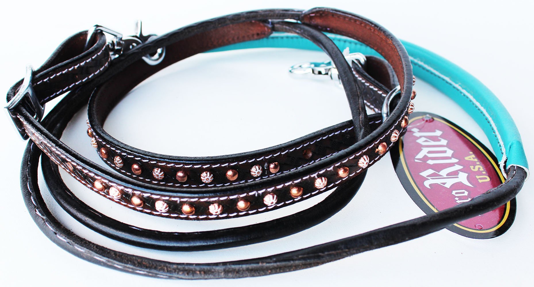ProRider Horse 8ft Contest Western Tack Saddle Barrel Leather Reins Turquoise Brown 6643