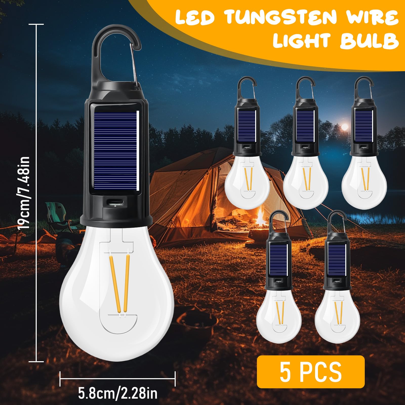 5 lampes de camping rechargeables, ampoules solaires LED avec télécommande, lampes de camping étanches avec 3 modes de luminosité, lampes de tente rechargeables pour le camping activités de plein air