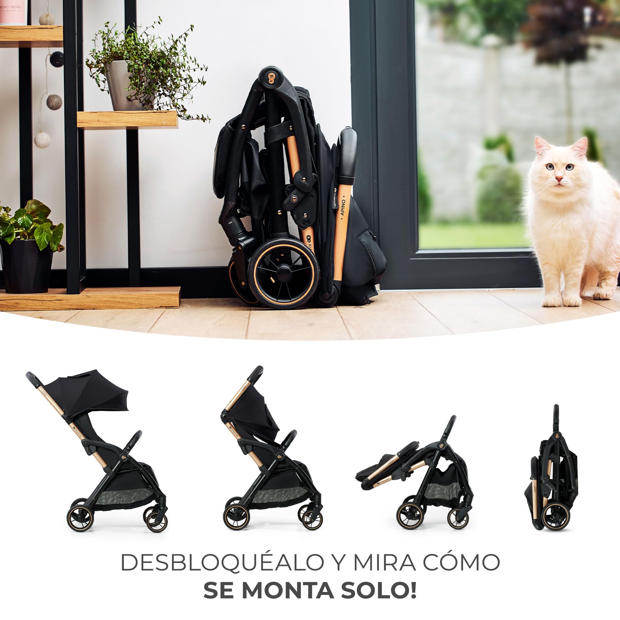 Kinderkraft APINO Silla de Paseo bebé, Carrito, Carro bebé, AUTO FOLDING, Plegado Automático, Posición reclinada, Posición Tumbada, Ligero, 7,5g, Impermeable, Carga Máxima 24 kg, Negro