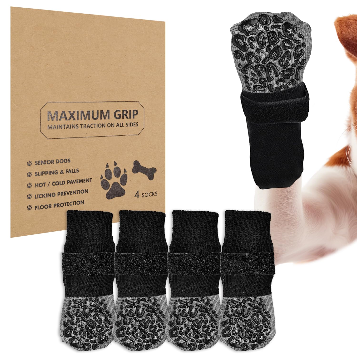 Chaussettes antidérapantes pour Chiens : Protection des Pattes avec Grip supplémentaire, empêche de lécher et de Glisser. pour Petits, Moyens, Grands et Seniors. (Motif Léopard-Taille L)