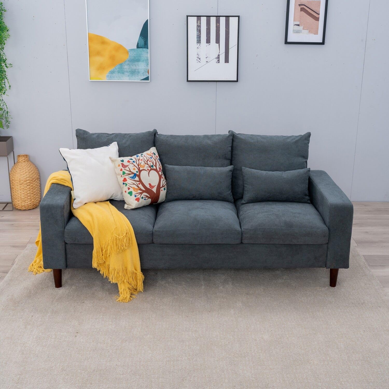 Panana 3 Seat Designer Sofa Bed Linen Fabric Wood Legs, Grey
