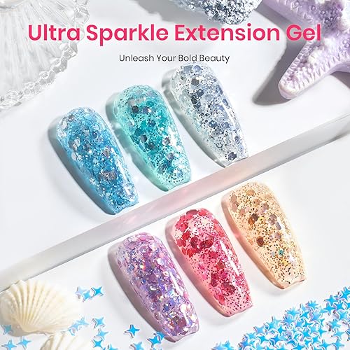 Miniatura 26 de Beetles - Kit de gel de extensión de uñas de polietileno con luz UV: juego de 6 colores de gel constructor rosa con purpurina blanca con capa base