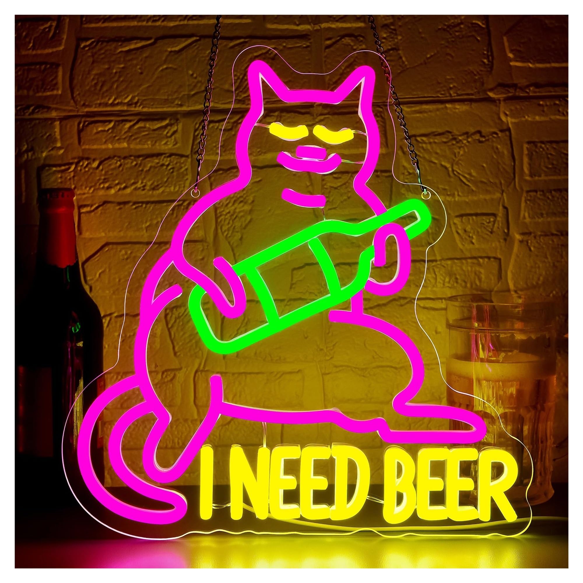 Shouxi One Color Sign Lamp I Need Beer Neon Sign Cat Drinking Light Dimmable For Man Cave Beer Bar Pub Birthday Party Room Wall Decor 34.5Cmx33cm