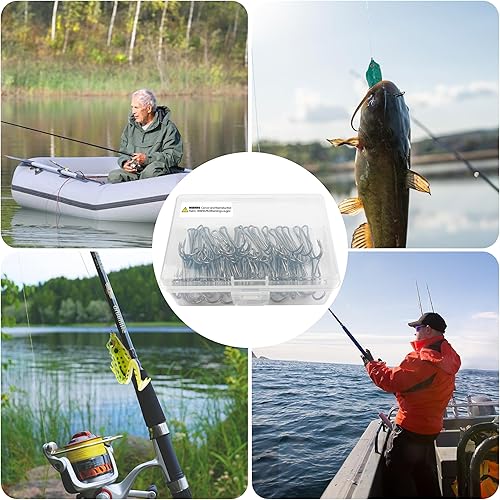 Miniatura 6 de OROOTL Ganchos de pesca dobles, 50 ganchos clásicos de rana de acero de alto carbono, doble gancho de pesca de púas con vástago abierto para agua