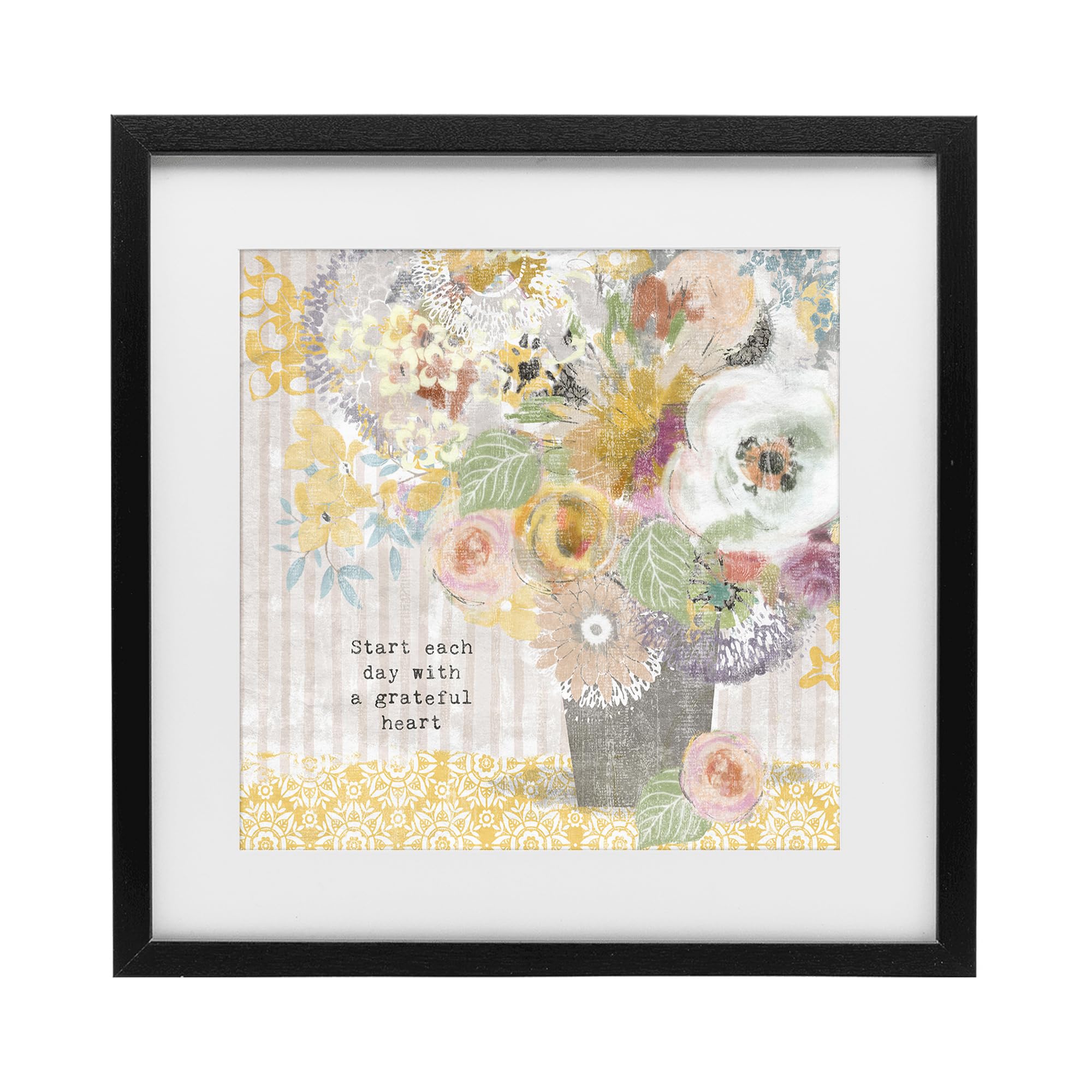 Stupell Industries Midnight Black (Textured) 'Floral Inspirations Grateful Heart'| Framed Print Under Glass