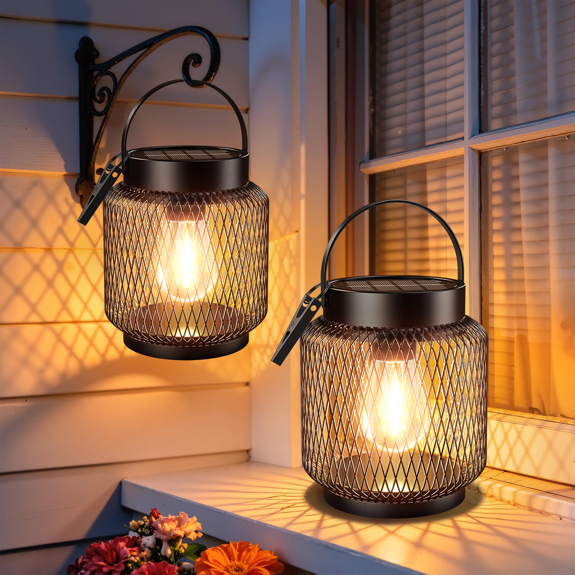 GEARLITE Solarlampen für Außen Hängend/Stehend, 2 Stück Metall Solar Laternen für Draußen mit Größer LED-Glühbirne, IP65 Wasserdicht Laterne für den Garten, Balkon, Outdoor, Terrassen, Warmweiß
