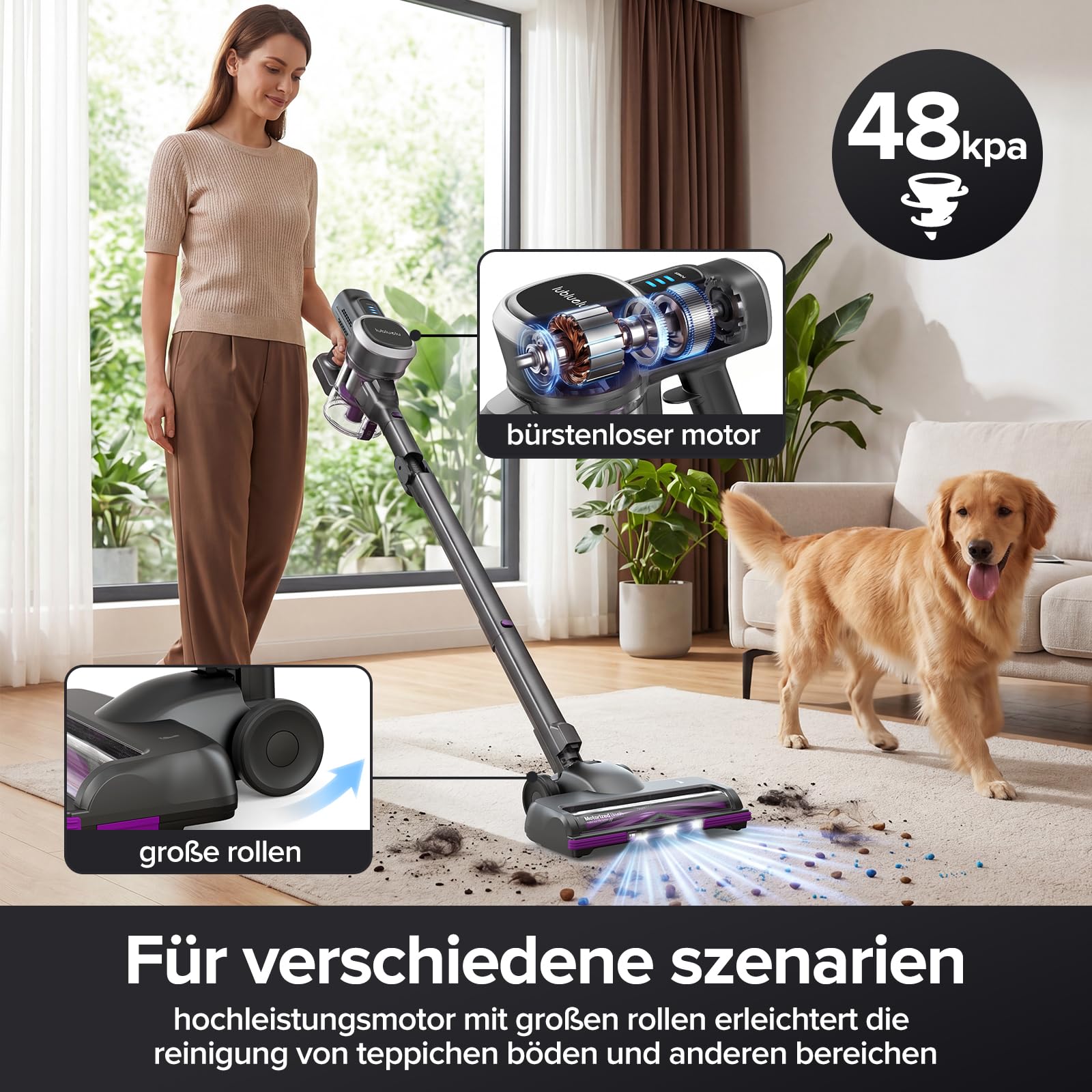 Lubluelu Akku-Staubsauger 48KPa 450W | Kabellos bis 50 Min Laufzeit | Faltbares Knickrohr | Anti-Tangle Bürste | Großer Staubbehälter | Leise & Selbststehend für Hartboden, Teppich & Tierhaare