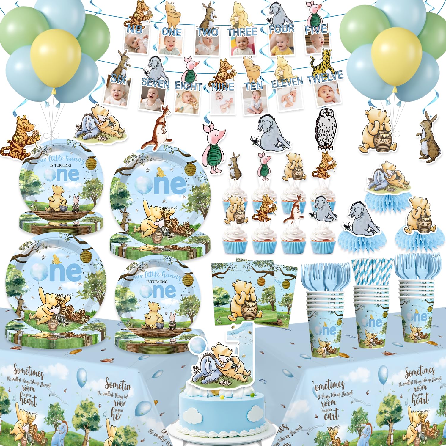 Yingoto 171 PCS Blue Bear 1st Birthday Decorations Tableware set, Bear Themed party supplies with Balloon, Banner, Cake Topper, Plates and Napkins,