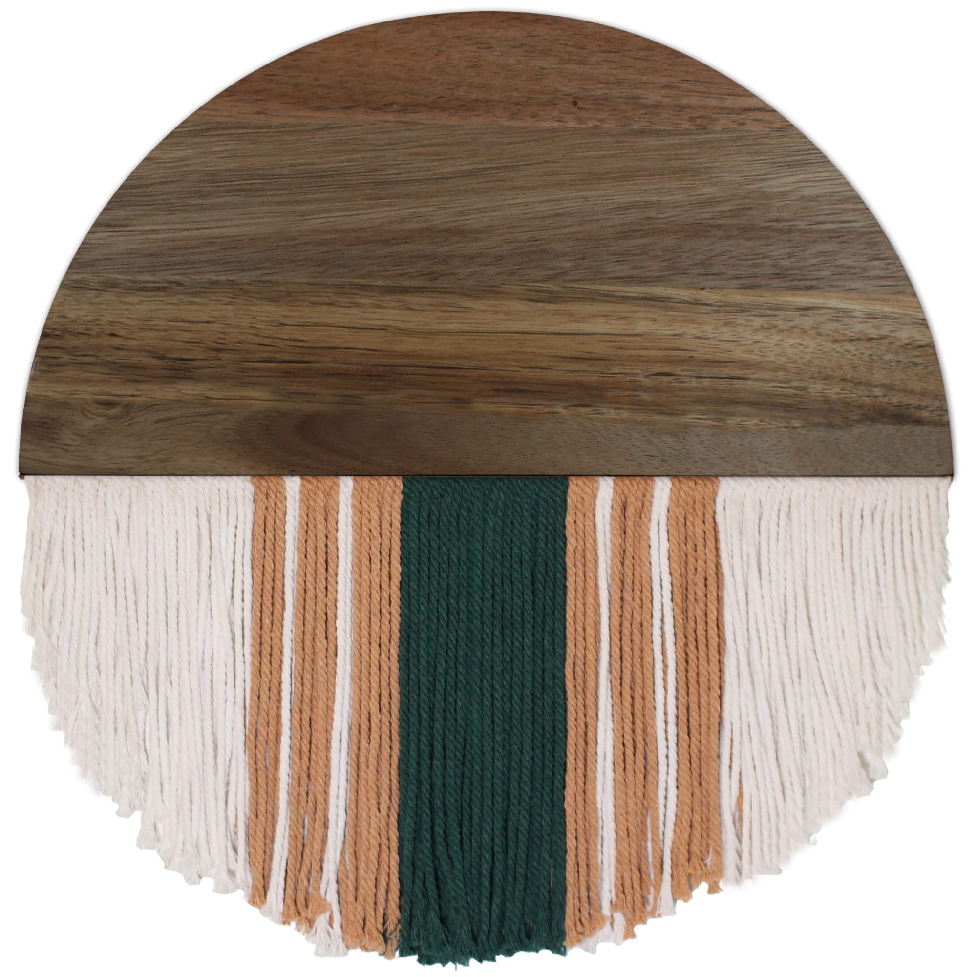 Villa Posh Natural Boho Wood and Macrame Wall Hanging Decor - Round Boho Chic Decor with Wood and White Orange Green macrame wall hanging - Circle Wood Half Moon Wall Decor and Yarn Wall Art - 12x12 Inch