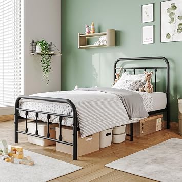 Vintage Twin Size Bed Frame with Headboard and Footboard Mattress Heavy Duty Metal Platform, Steel Slat Support Twin, Black Sanded