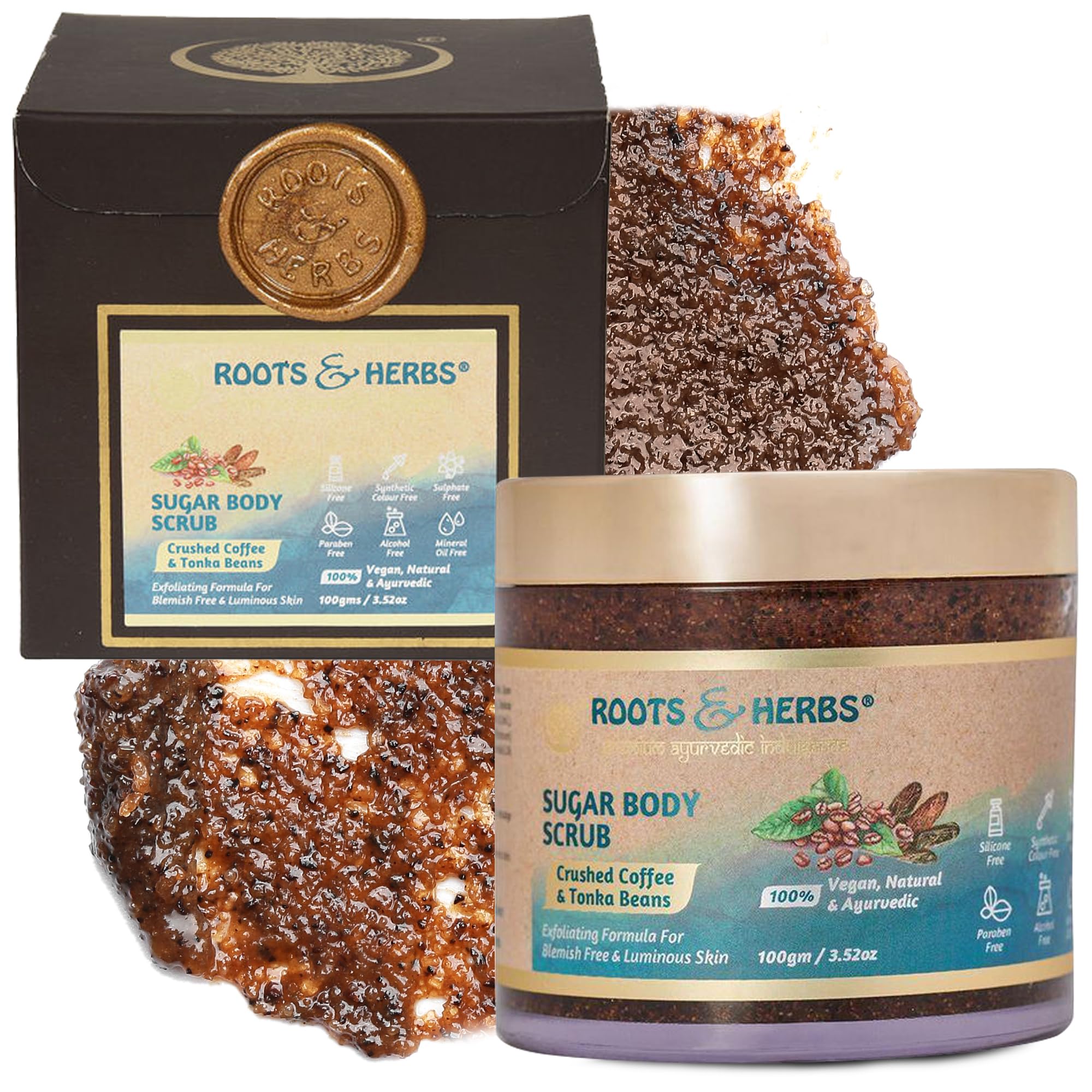 ROOTS AND HERBS Sugar Body Scrub - Crushed Coffee and Tonka Beans - Exfoliating Scrubs for women exfoliator Lip scrub Sugar Scrub Face Scrub Exfoliating body scrub Scrubs for men Foot Scrub spa stuff-image-40