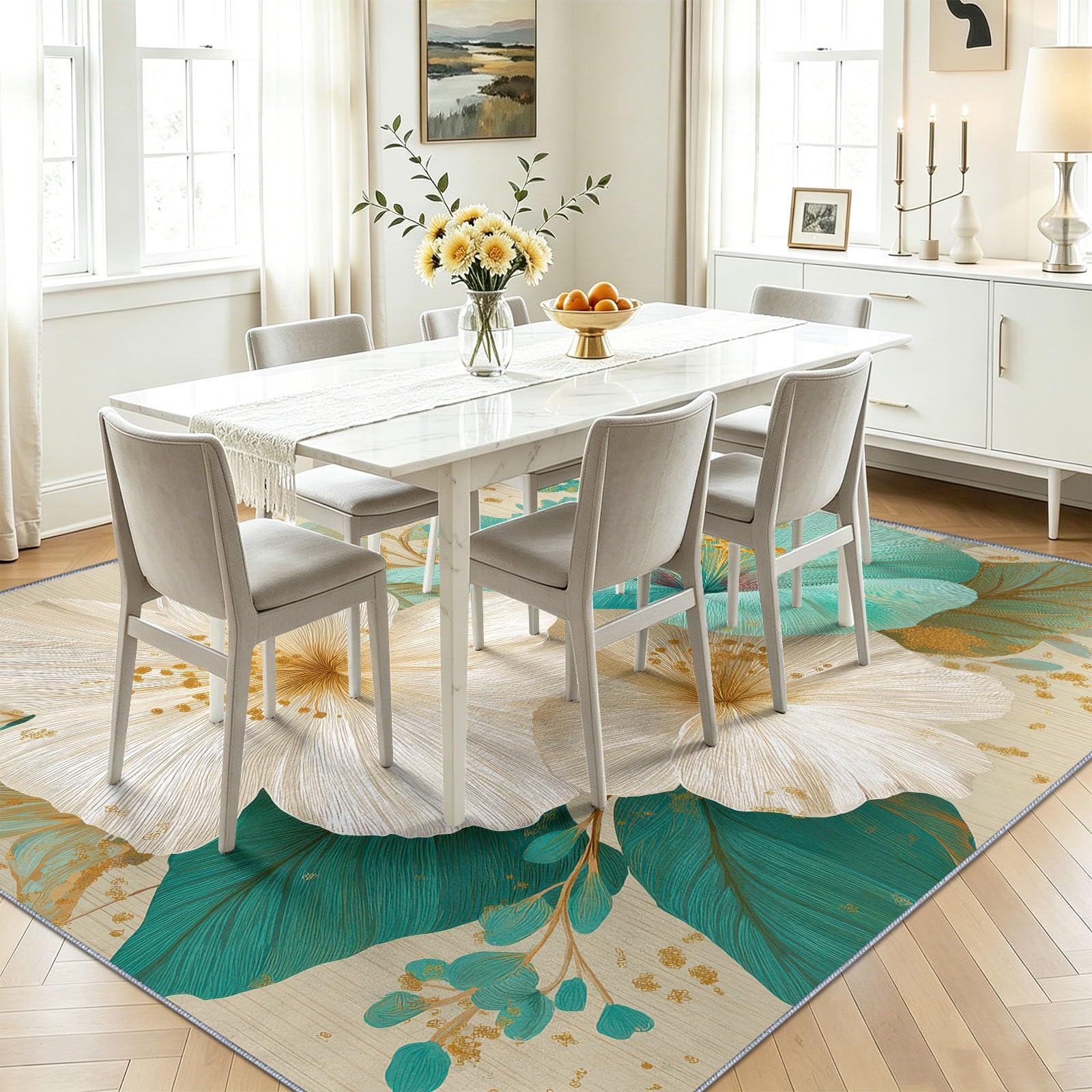 Tappeto Glam classico vintage floreale con foglie, antiscivolo e lavabile, per sedia da ufficio, ingresso e sala da pranzo, 60 x 120 cm, tappeto a pelo basso, per interni ad alto traffico, beige