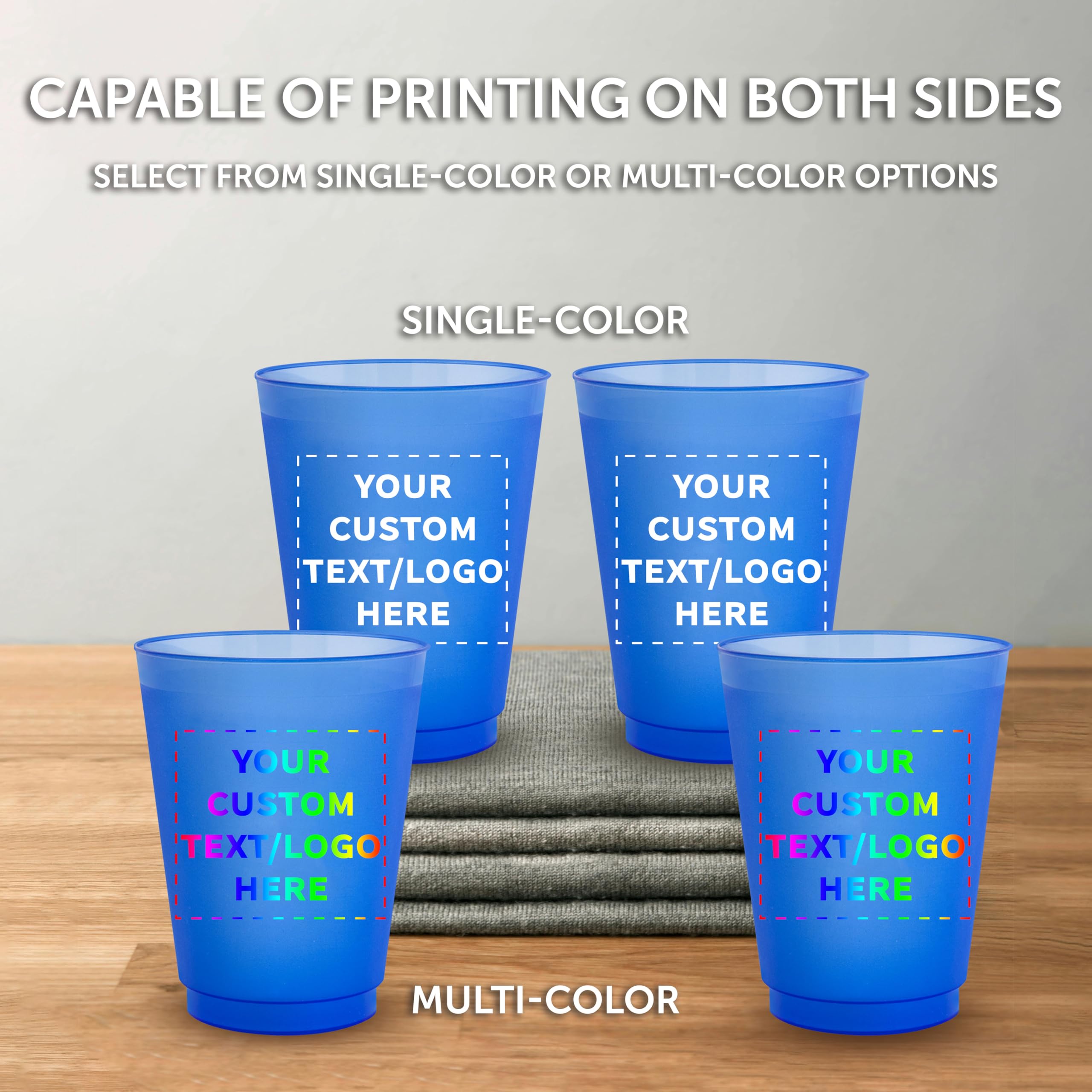 Amazon.com: DISCOUNT PROMOS Custom Frosted Plastic Stadium Cups, 10/50/100  pack, Promotional Text, Logo, 16 oz. Shatterproof Flexible Reusable Party  Cups, Blue : Home & Kitchen