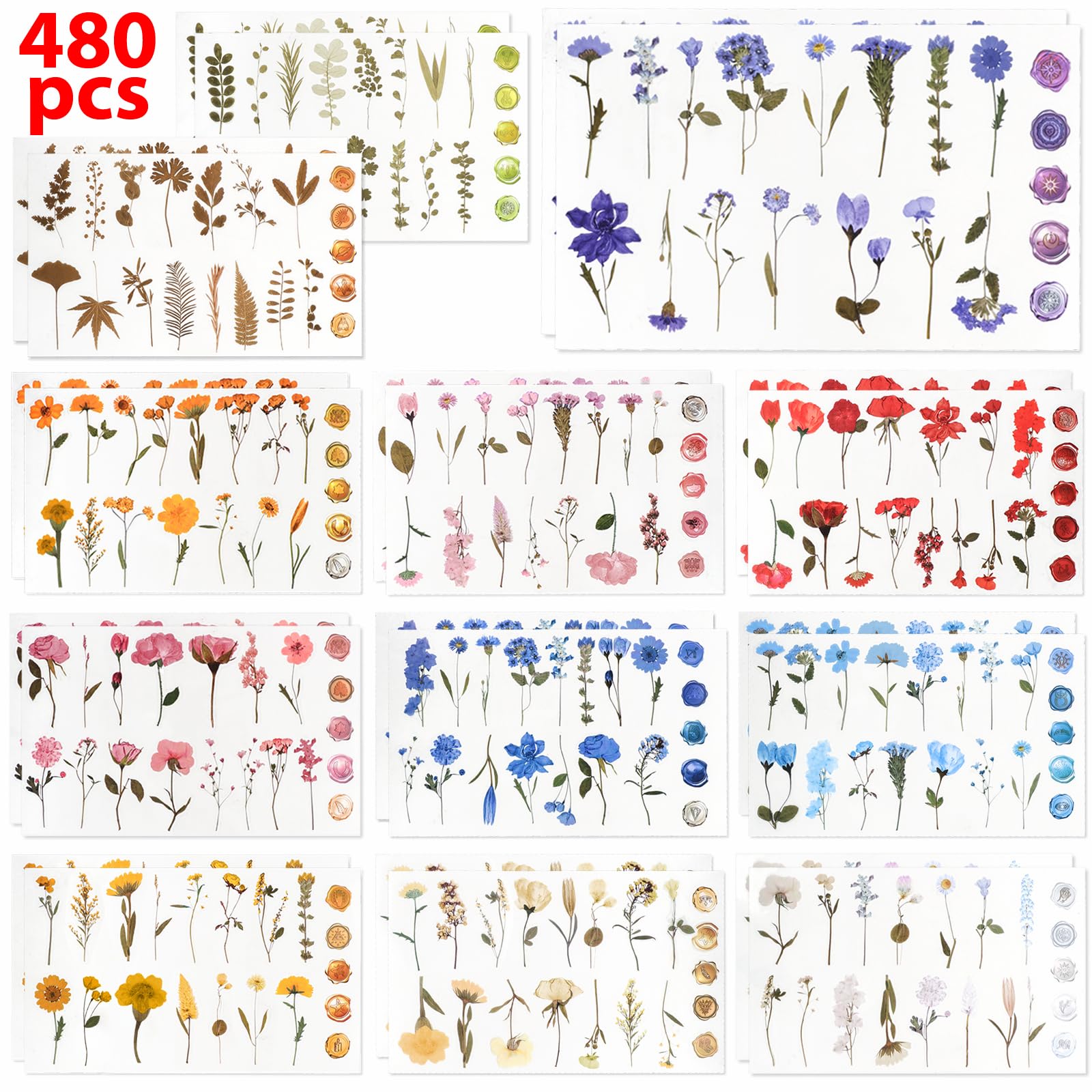 NESSCCI Pressed Flower Themed Stickers (Assorted 480 Pieces,24 Sheets) Scrapbook Supplies,Stickers for Journaling, Dried Floral Resin,Scrapbook