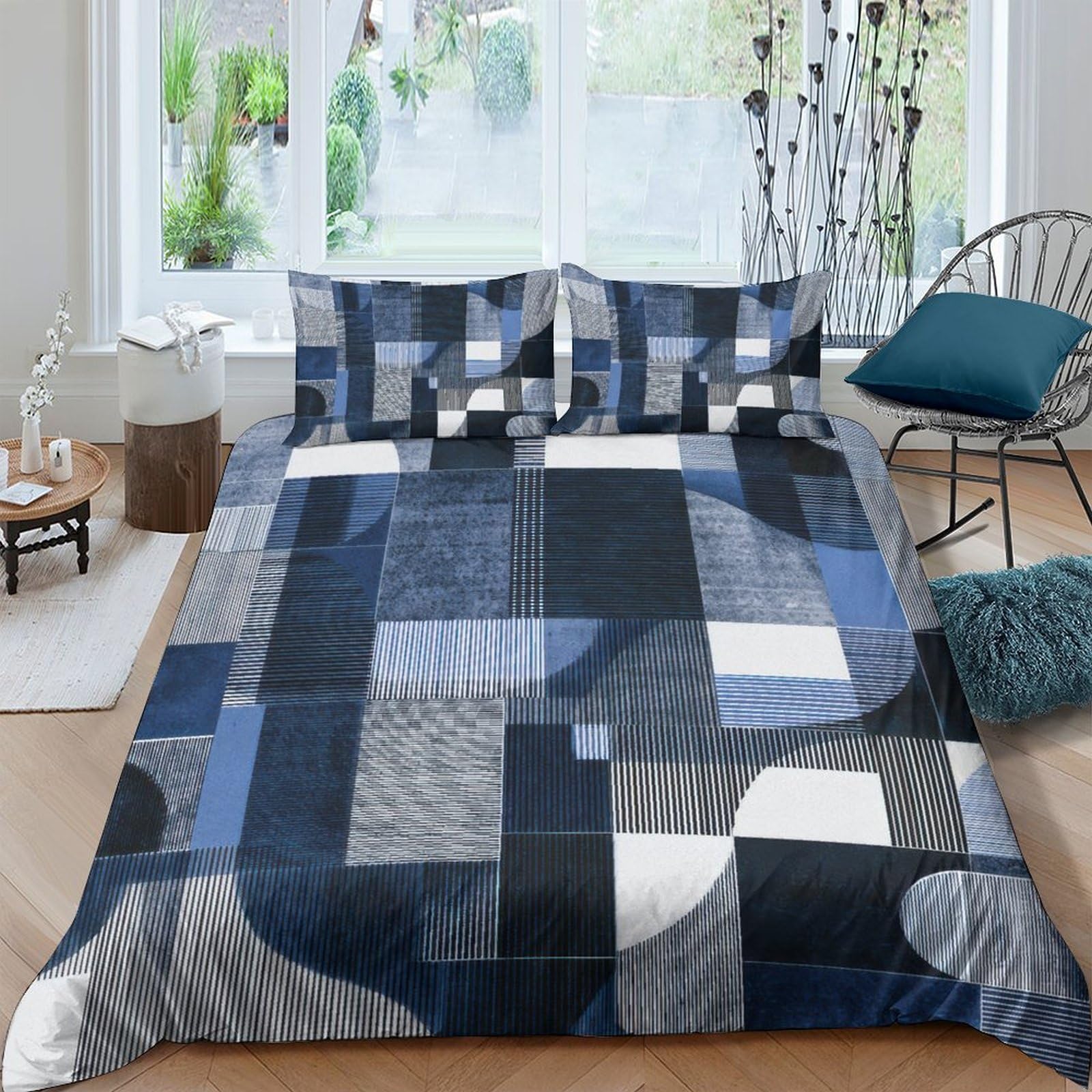 Ctjqhvkz Style-8 3D Printed Geometric Patchwork Fitted Sheet Microfiber Soft Breathable Abstract Blue Bed Cover For Bedroom Guest Room Decor Single（135X200cm）
