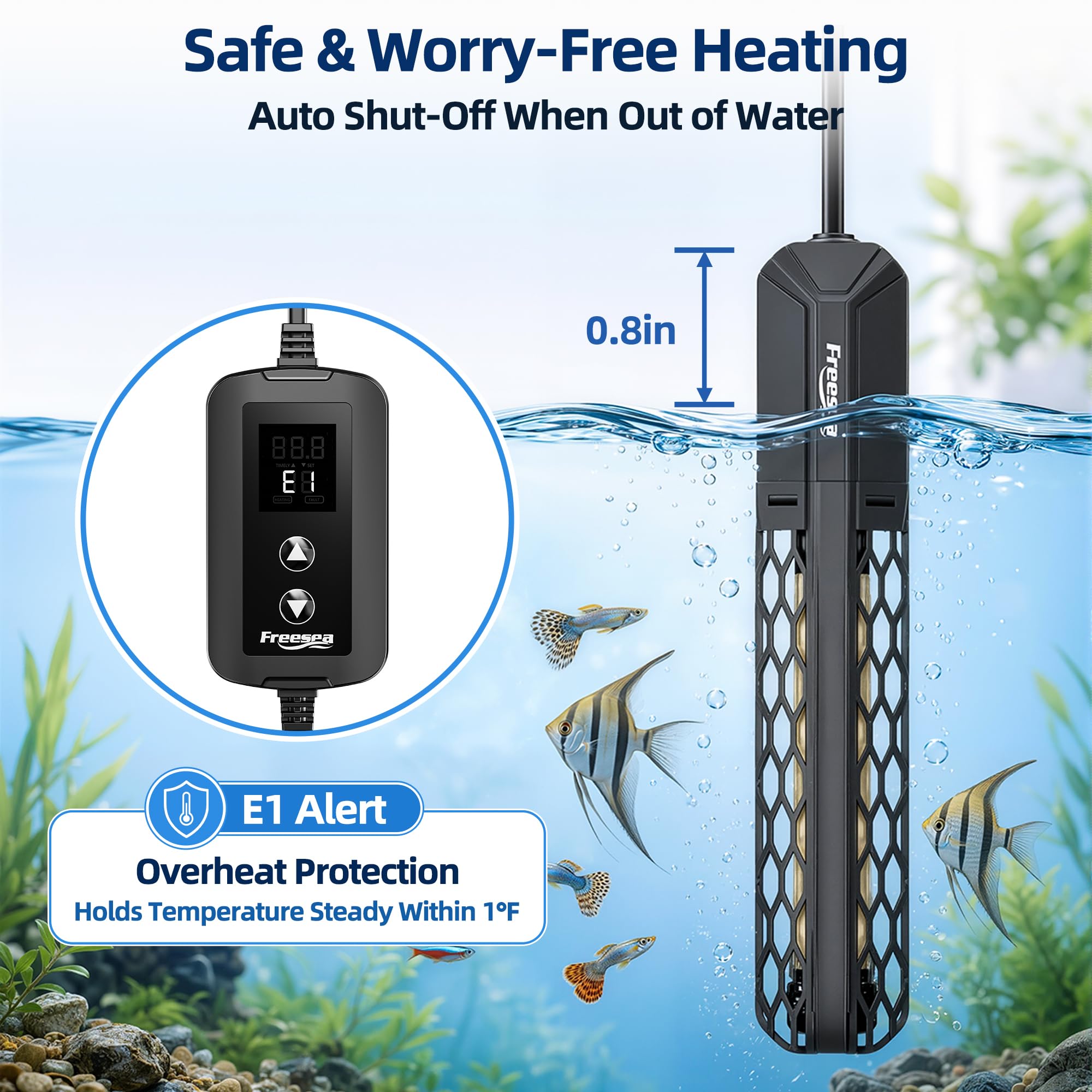 FREESEA Calentador de acuario para peceras: 100 W/200 W/300 W/500 W Calentador sumergible de tanque de peces con protección contra sobretemperatura y fuera del agua para agua salada y dulce de 40 a 75