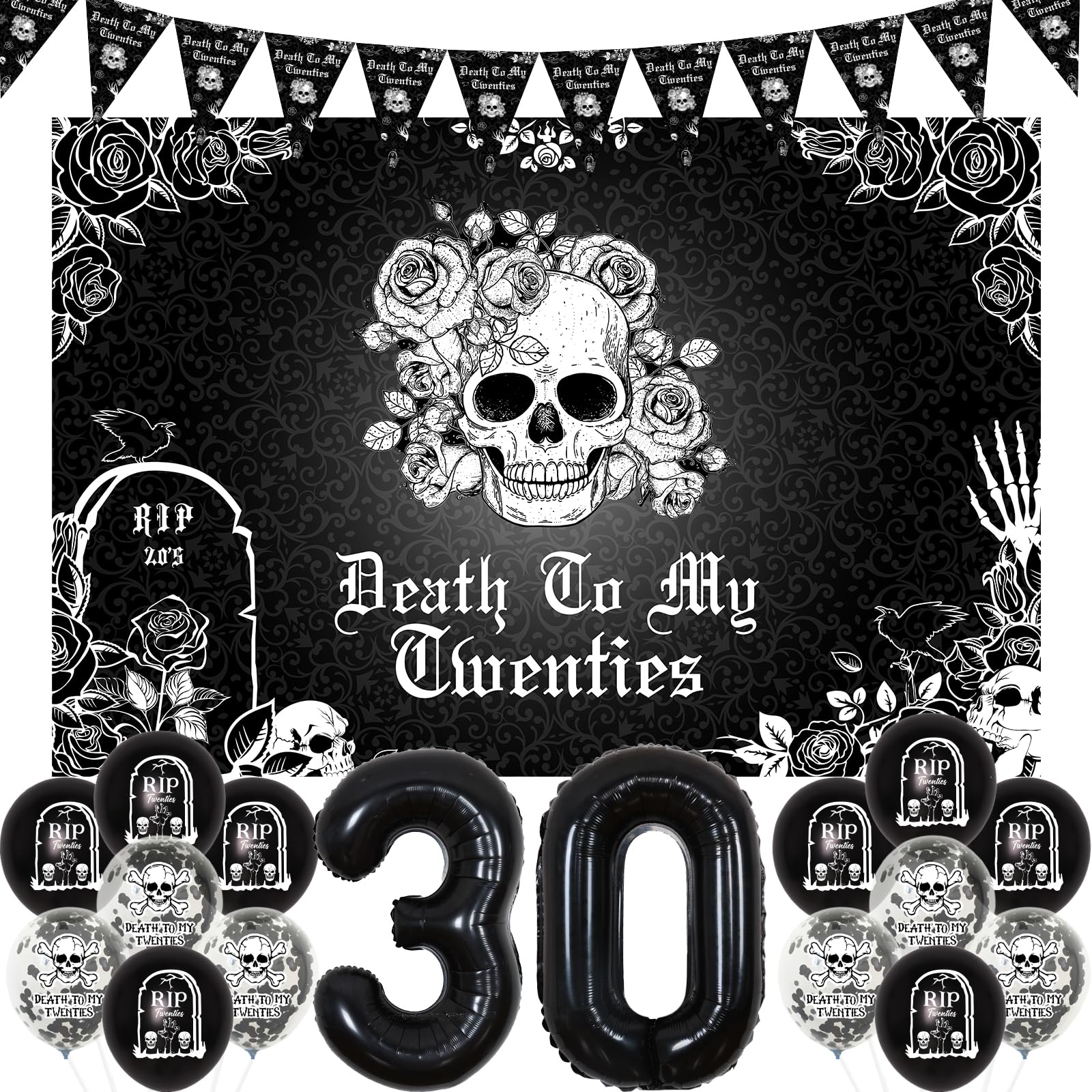 Sursurprise 30° compleanno, decorazione nera, 30 Rip Twenties palloncino per uomini e donne, morte per il mio venti striscioni, Rip per la mia fascia da 20 per lei o lui, divertente trenta