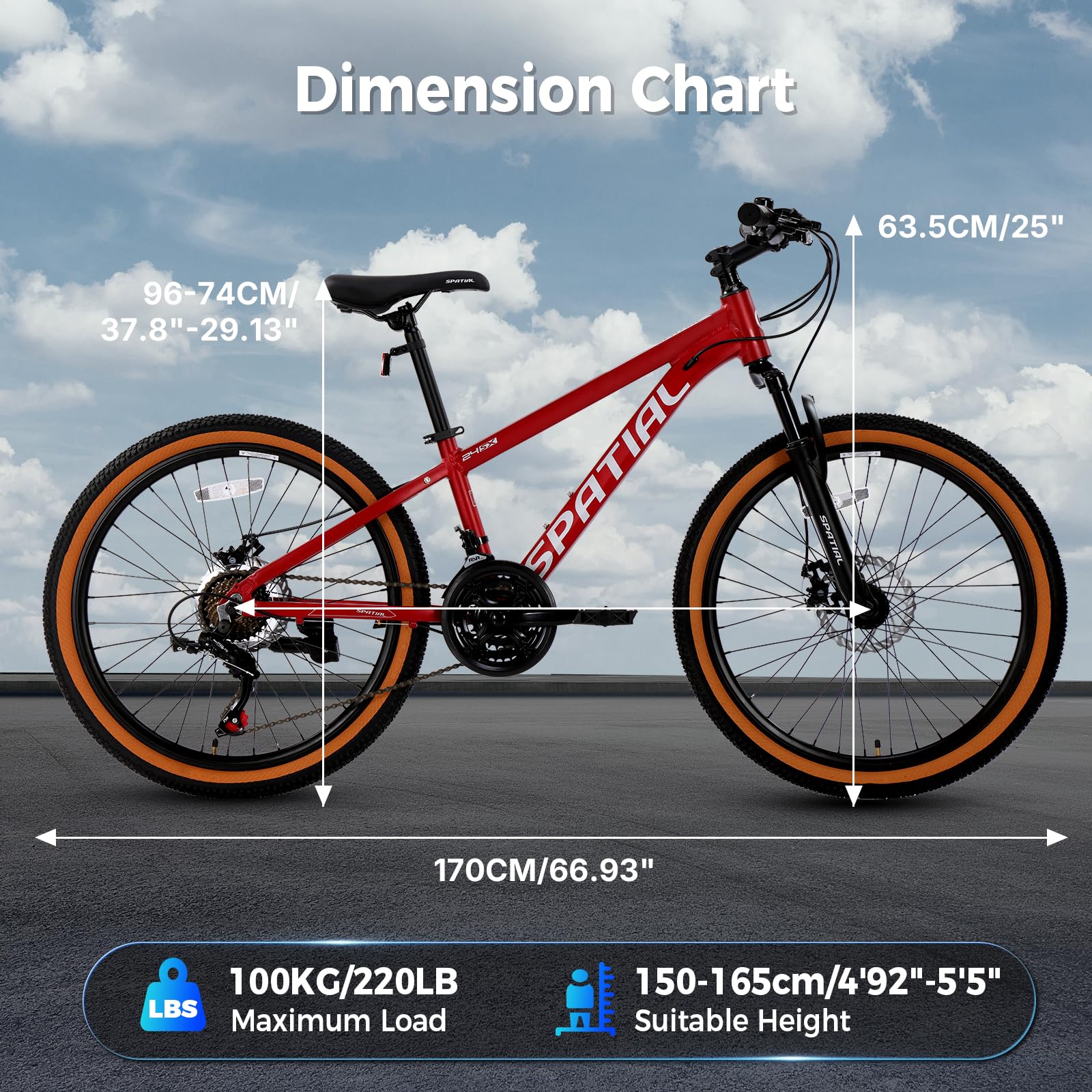 SPATIAL Mountainbike, 24/26/27,5/29 Zoll, Outdoor-Fahrrad, 21/8 Gänge, Aluminiumrahmen | Doppelscheibenbremsen, Verstellbarer ergonomischer Sattel für Männer, Frauen (Rot, 26 Zoll)
