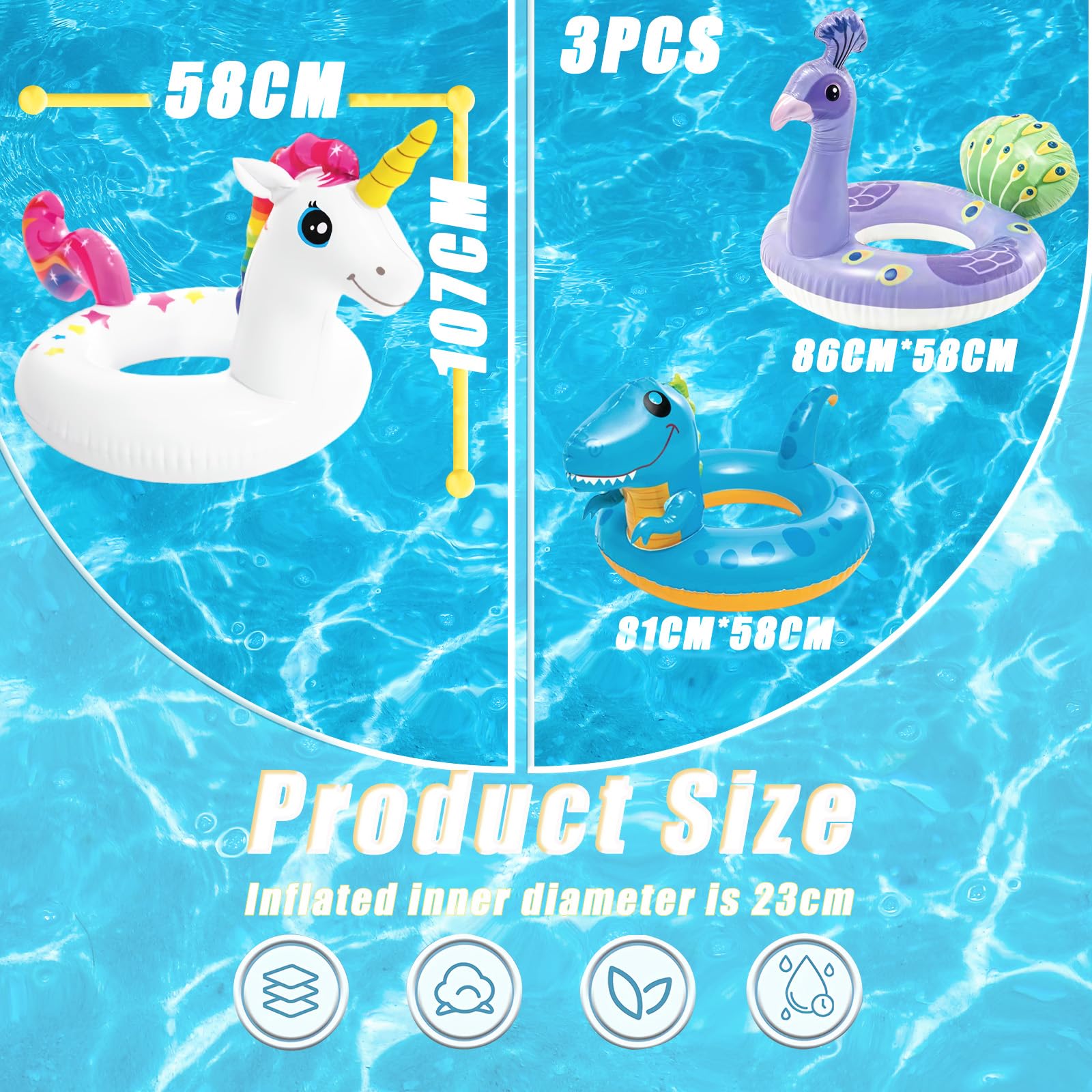 Unicorn Peacock Dinosaur Inflatables Swimming Ring Rubber Rings for,3pcs Inflatable Swim Rings Pool Float Tube,Inflatable Pool Ring Toy Floaties for Beach Summer Party Water Sport - Image 2
