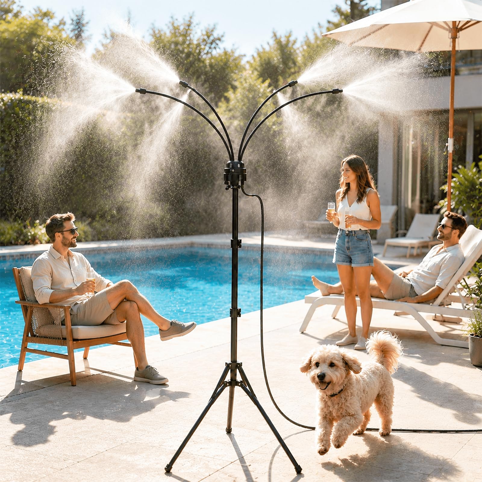 Sistema di Nebulizzazione da Esterno con Treppiede Regolabile, Nebbia Fine per Patio, Giardino, Barbecue e Piscina, Ugelli in Ottone Orientabili a 360° (A)