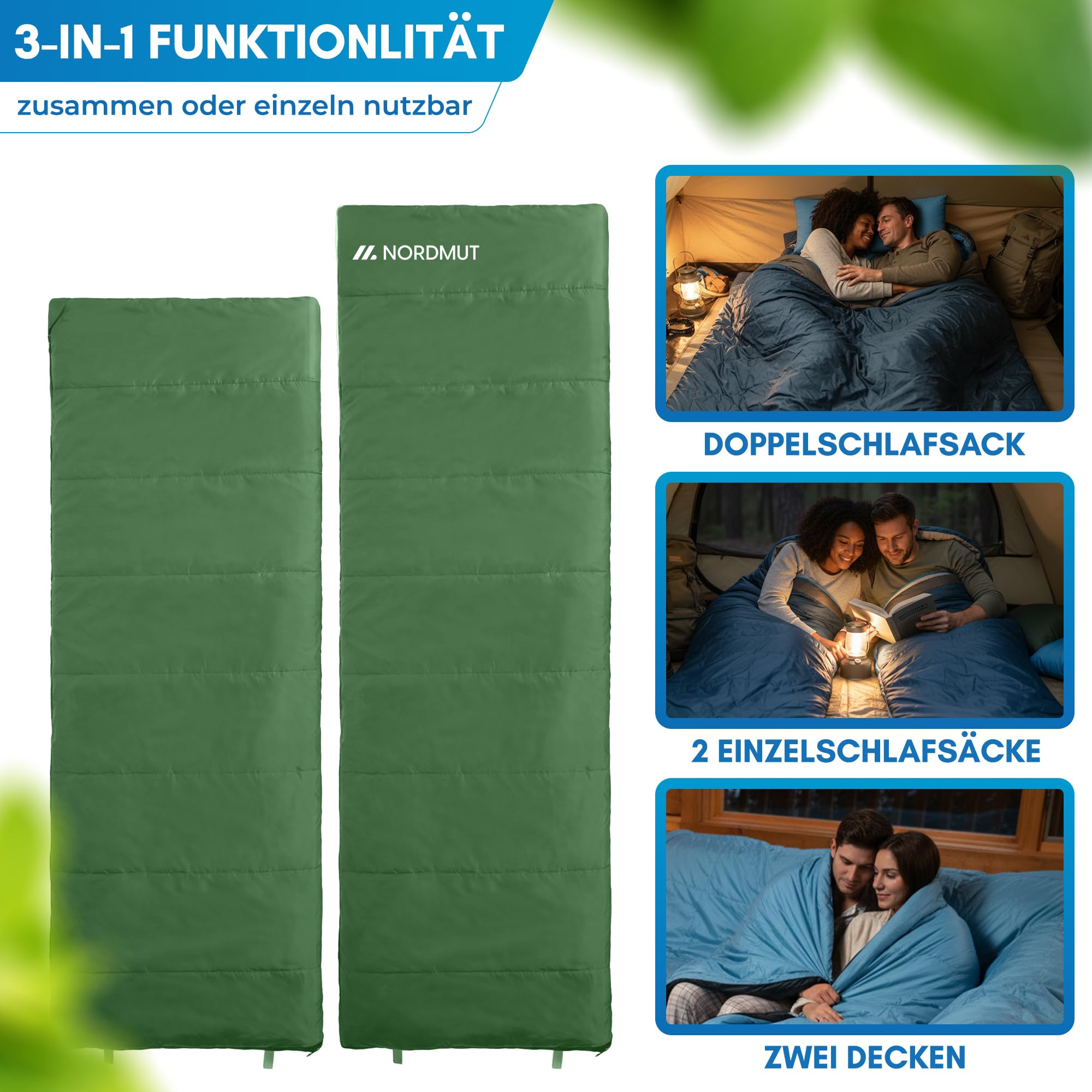 NORDMUT® Doppelschlafsack XXL inkl. Premium YKK Zwei-Wege-Reißverschluss – Kuschliger Schlafsack 2 Personen extra breit & groß – Doppelschlafsack 2 Personen mit optimaler Isolierung