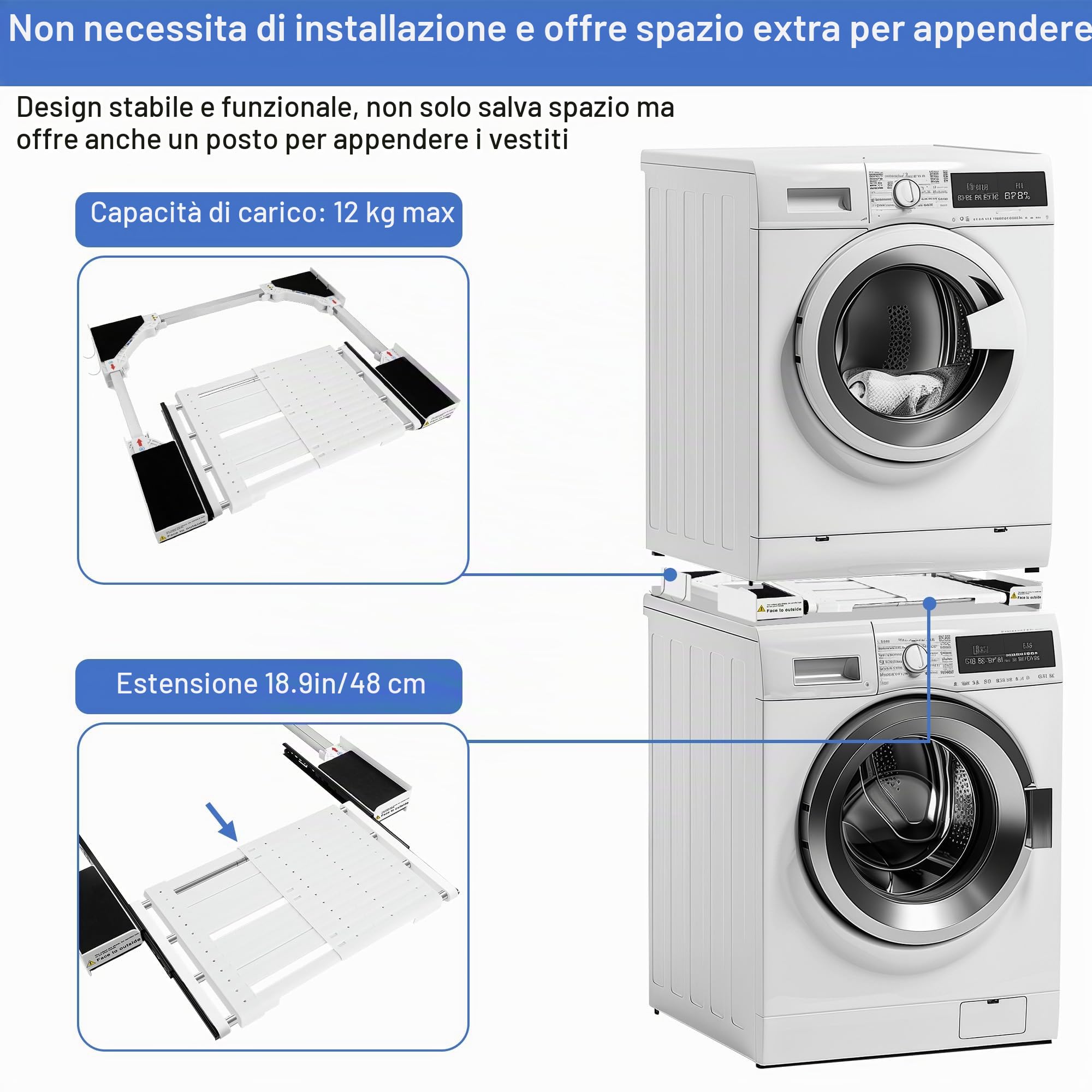 Kit Sovrapposizione Lavatrice Asciugatrice,supporto Asciugatrice,telaio Intermedio Con Filo Stendibiancheria, Telaio Di Collegamento