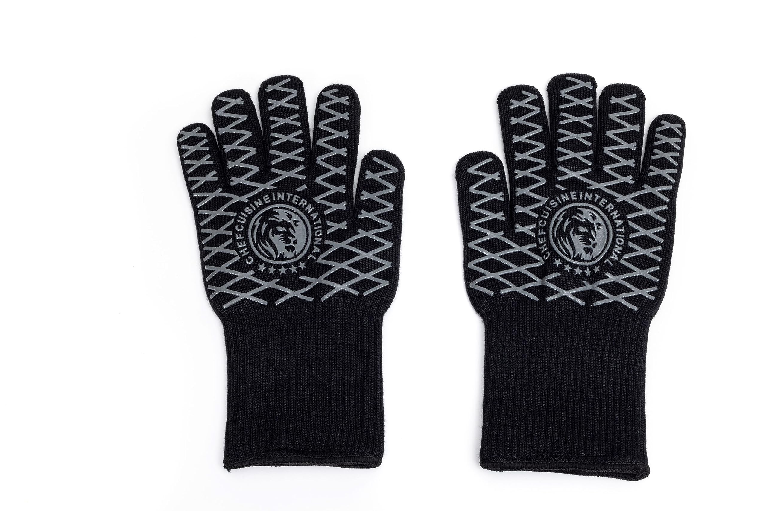 Chef Cuisine Anti-Rutsch-Grillhandschuhe hitzebeständig – 1 Paar schwer entflammbare feuerfeste Handschuhe aus Aramid mit Silikonbeschichtung, BBQ-Handschuhe bis 500 °C, 32 cm Länge, waschbar, schwarz