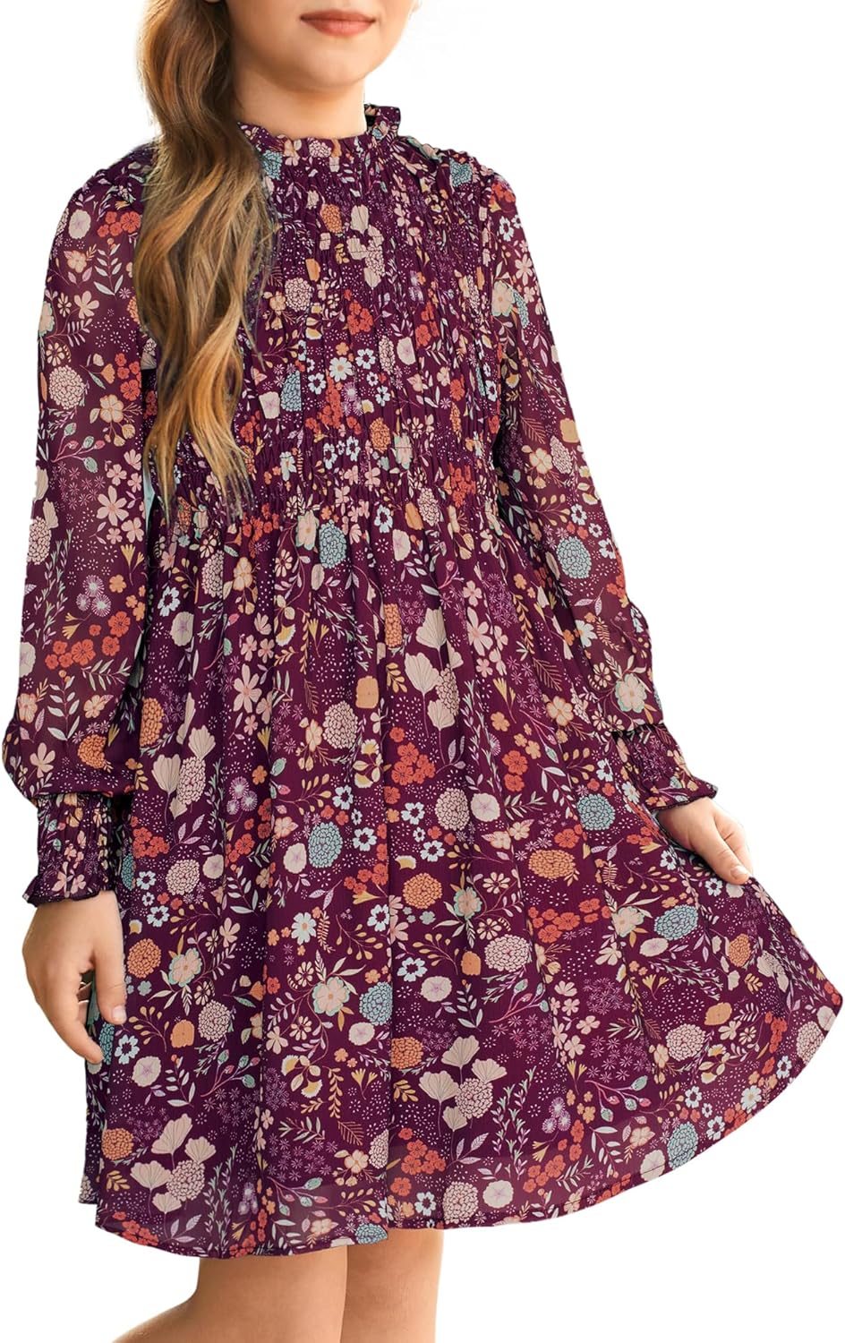 GRACE KARIN Girls' Fall Long Sleeve Dresses Kids Floral Winter Formal Dress Girl Casual Fancy Midi Clothes Size 6-14