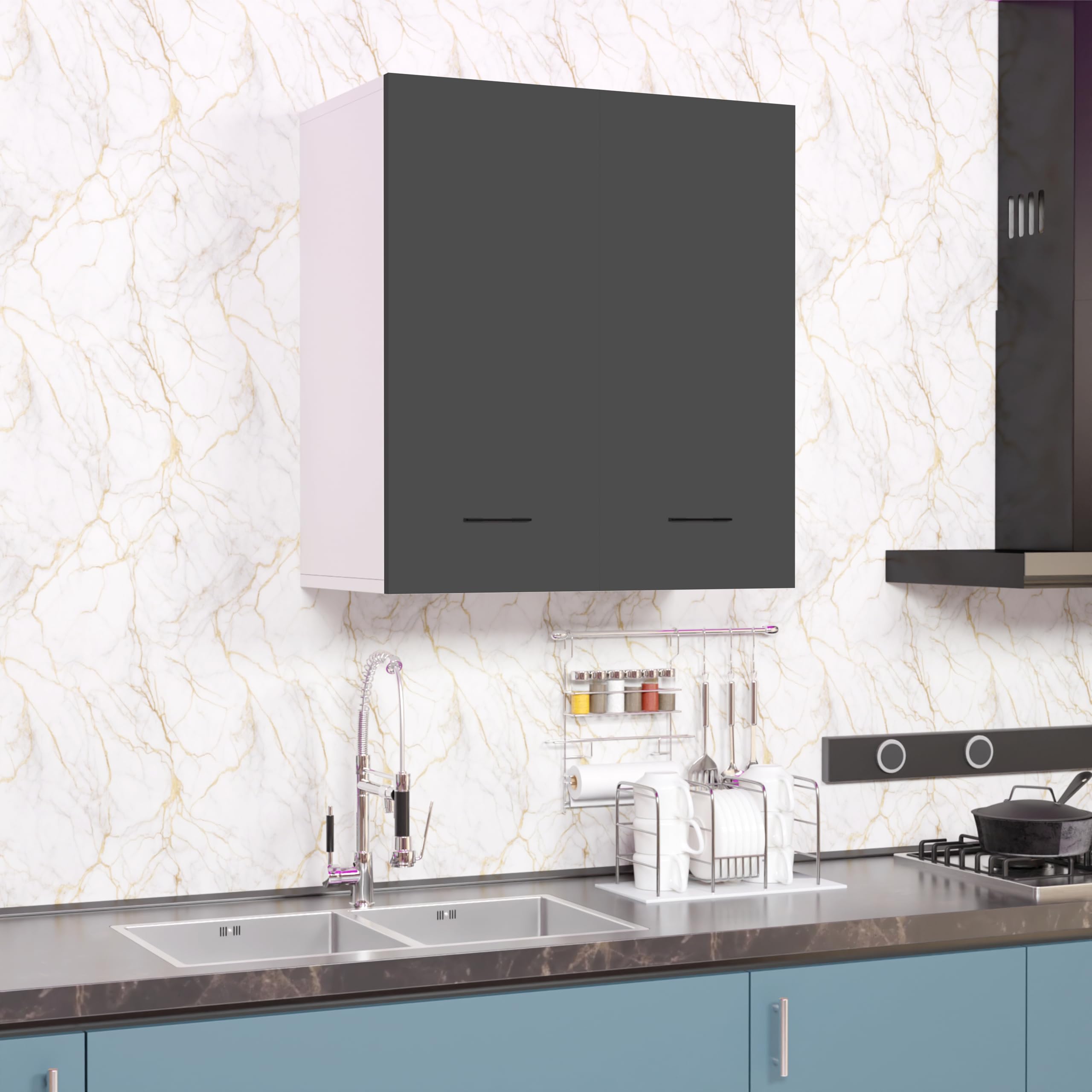 2 Door Multipurpose Wall Mounted Cabinet with Adjustable & Fixed Shelf | Storage for Kitchen, Bathroom, Office Space & Living Room | Assembly-DIY | Color-White & Grey | Size-60x33x63.8 Cm