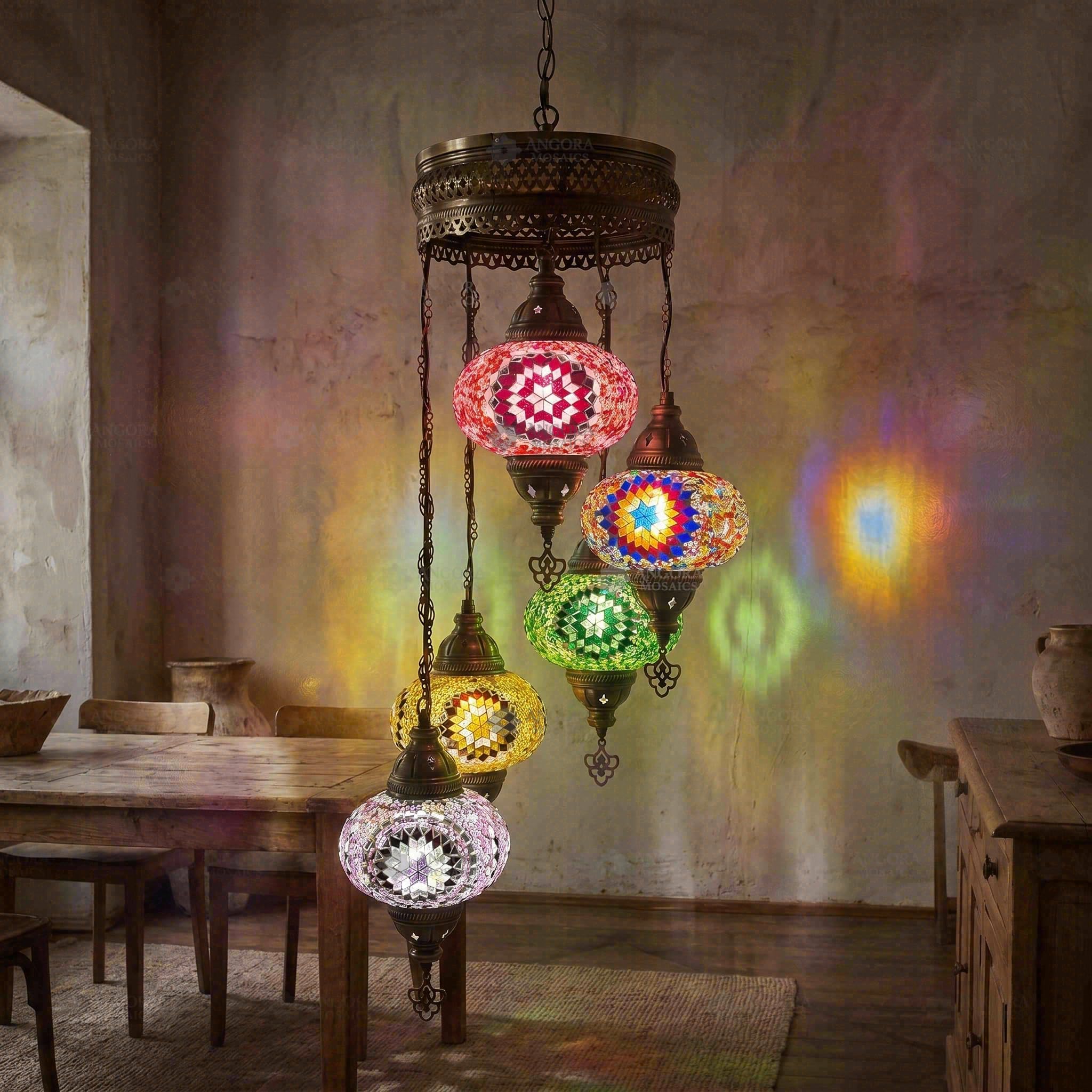 ENVA Multicolor 5-Globe Chandelier - Turkish Mosaic Lamp - Starburst Pattern - Moroccan Boho Pendant Light, Hand-Cut Natural Glass Hanging Ceiling Lamp