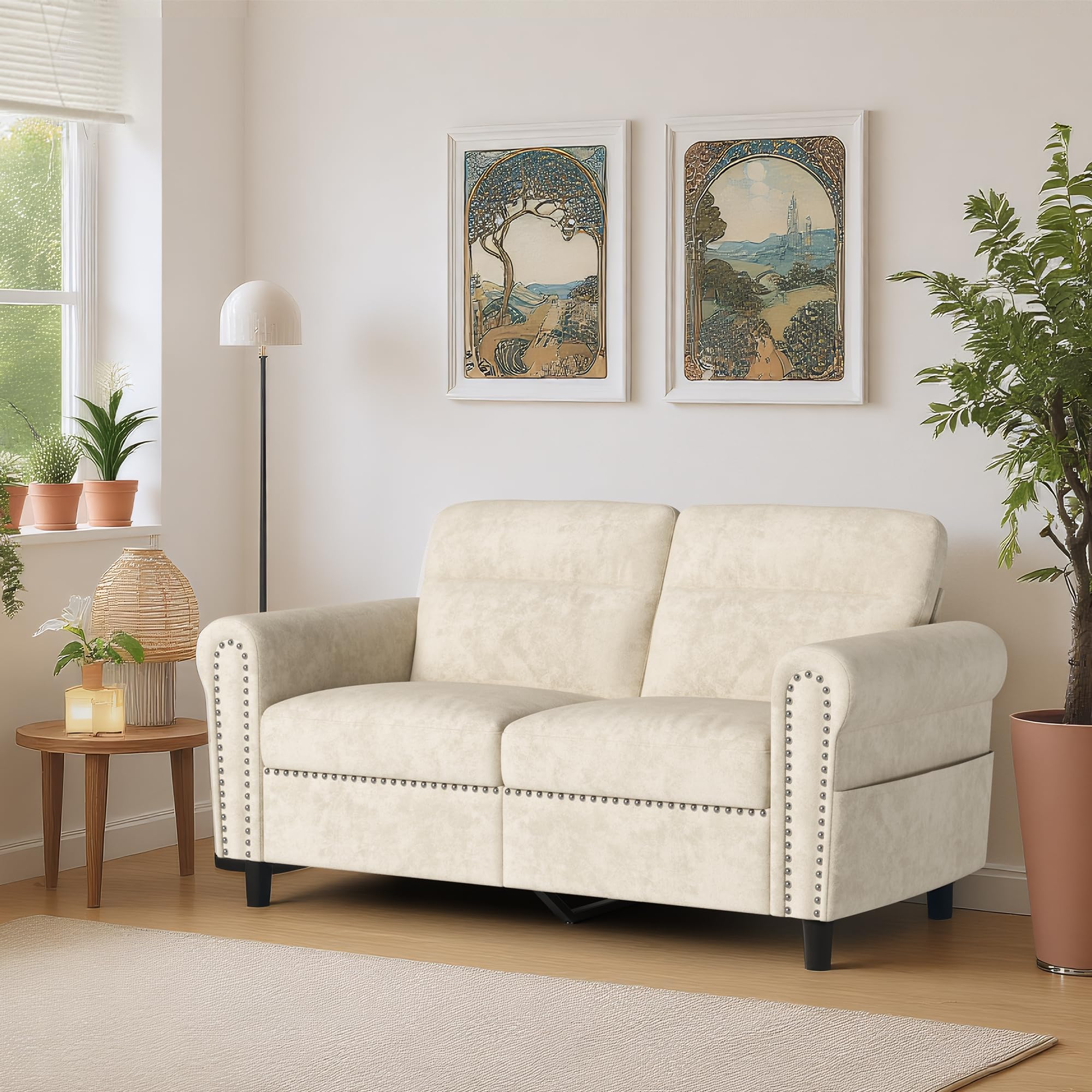 Sofá de 2 Plazas, Loveseat con Bolsillo Lateral, Sofá de Dos Plazas con Cojines Extraíbles para Salón, Dormitorio, Oficina, 152 x 76 x 84 cm (Beige)