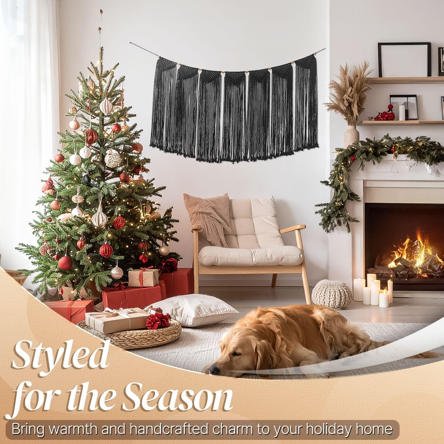 Flexzion Makramee Wandbehang 120 x 72 cm, Woven Wanddeko Boho Deko Wandteppich Vorhang Baumwolle Gewebte, Große Böhmische Tapisserie Wohndekorationen für Hochzeit Schlafzimmer Wohnzimmer - Schwarz|
