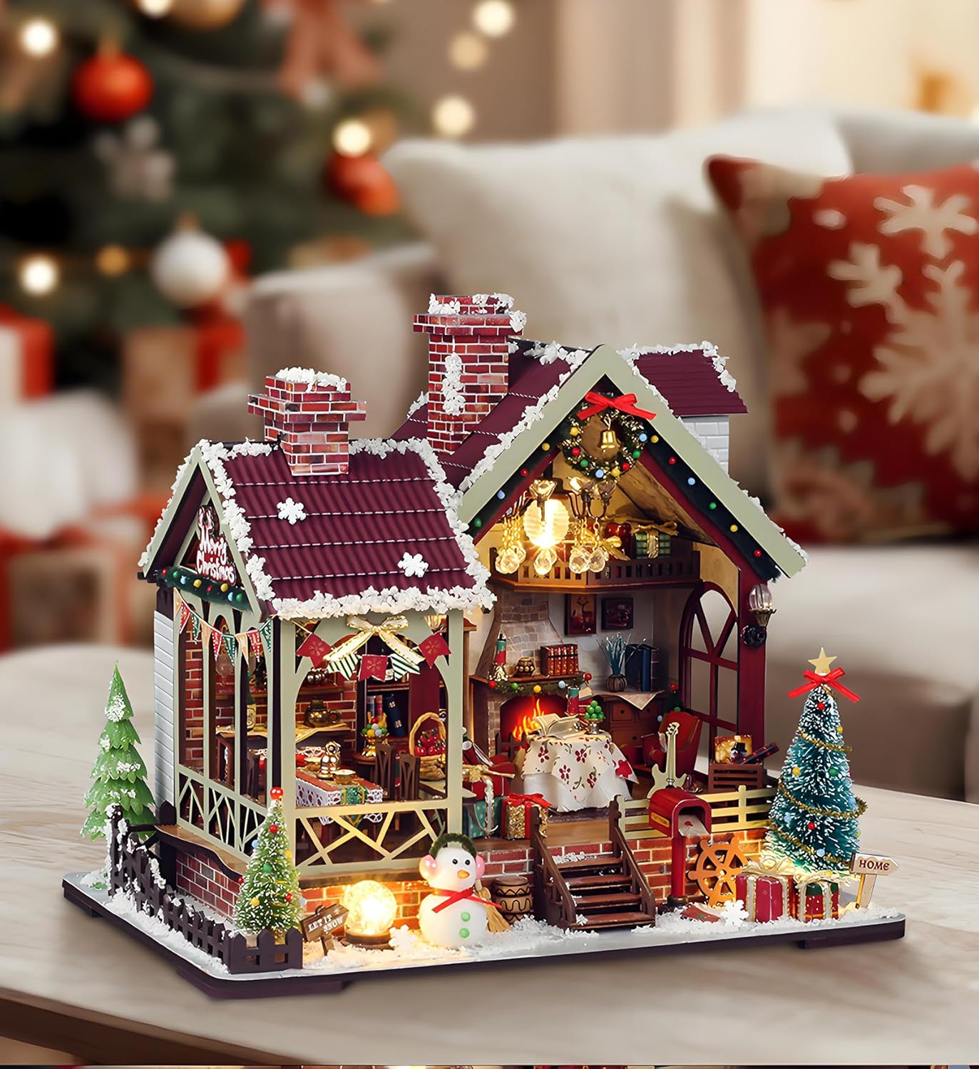 DIY Christmas Miniature House Kit Mini Wooden Dollhouse Kits for Adults Xmas Eve Snowflakes Building with LED Light, Diorama Model Birthday Gifts for Family/Friends