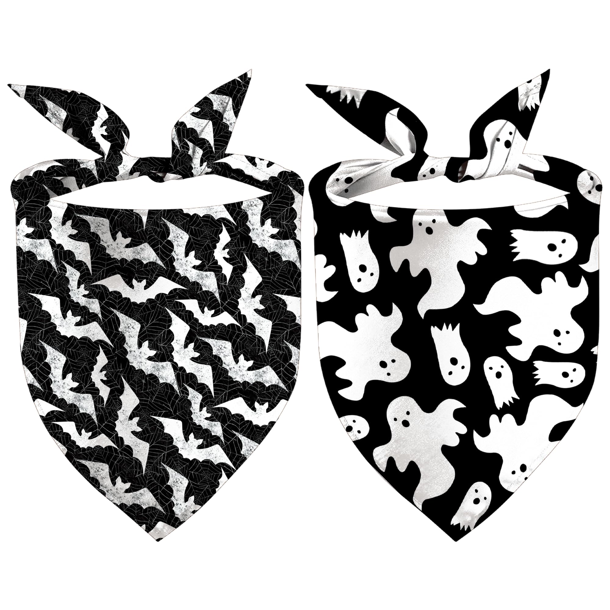 Halloween Dog Bandanas 2 Pack, Ghost Bats Black and White Print, Triangle Fall Pet Scarf, Premium Durable Fabric, Adjustable Fit