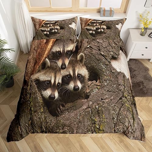Juego de funda de edredón de mapache tamaño matrimonial, juego de ropa de cama de mapache para niños y niñas, regalo de zarigüeya, juego de funda de