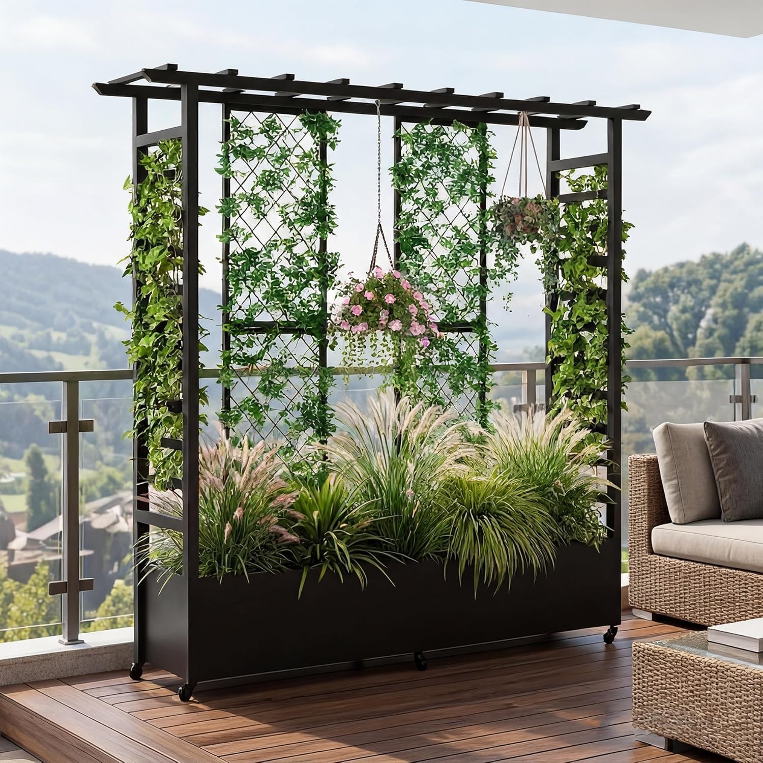 Hochbeet mit Rankgitter und Hängedach, freistehender Metall-Pflanzkasten mit Rollen, mobiler Pflanzkasten für drinnen und draußen für Kletterpflanzen, Blumen, für Garten, Terrasse und Hof
