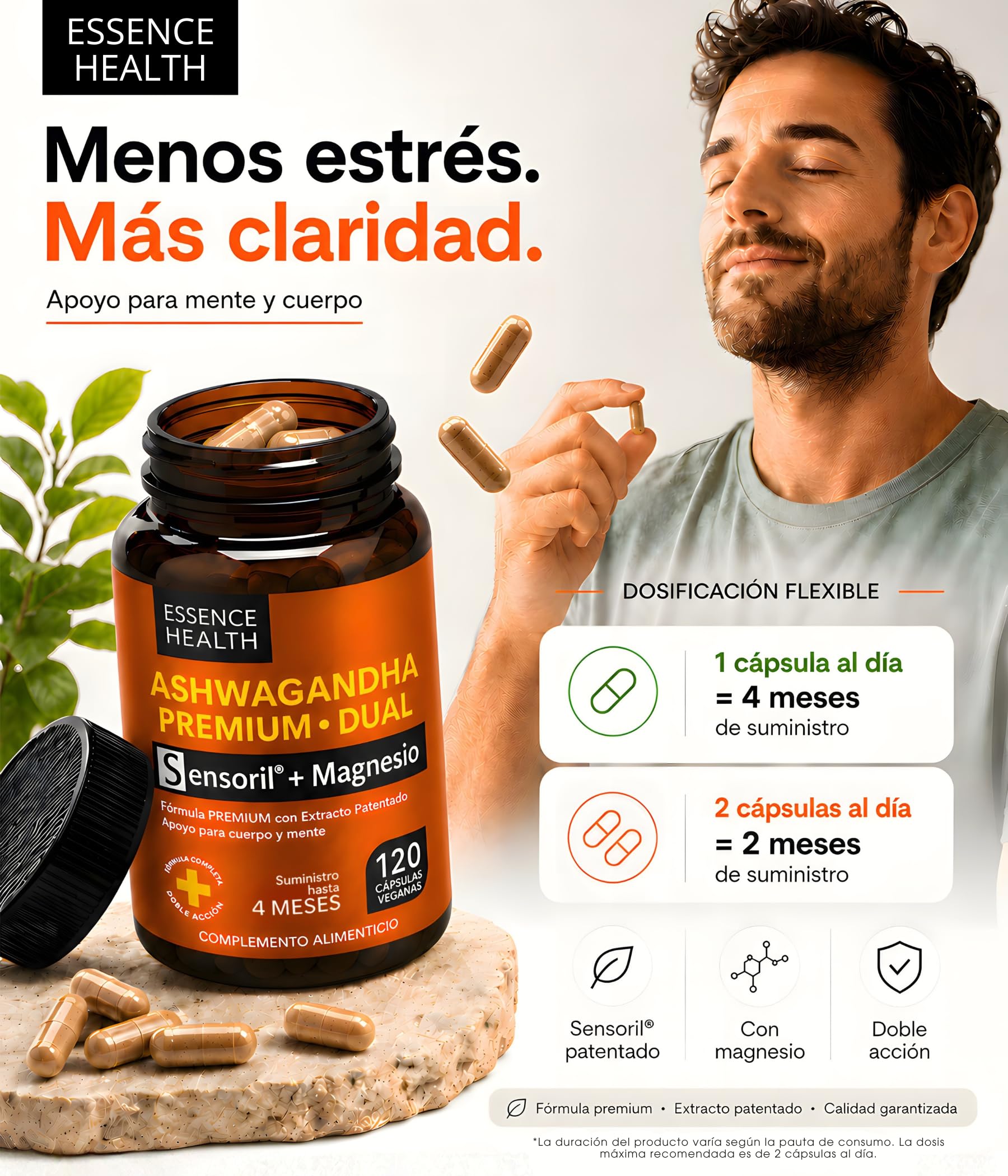 Ashwagandha Sensoril® Alta Potencia 50:1 – Extracto de Ashwagandha Adaptógena para Estrés, Ansiedad y Energía – con Magnesio para Equilibrio Mental – 120 Cápsulas Veganas